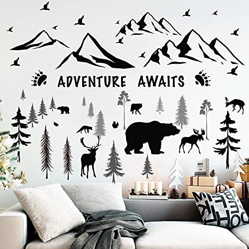 4 Sheets Mountain Wall Decal Rustic Nursery 11.8×9.5 Inch (Pack of 4) Black