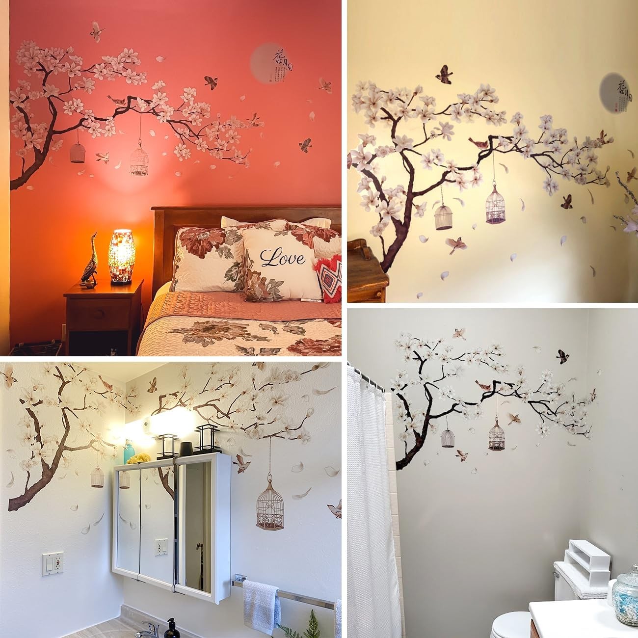 Chinese Style Wall Decals White Flowers Black Tree & Birds, Removable DIY Wall