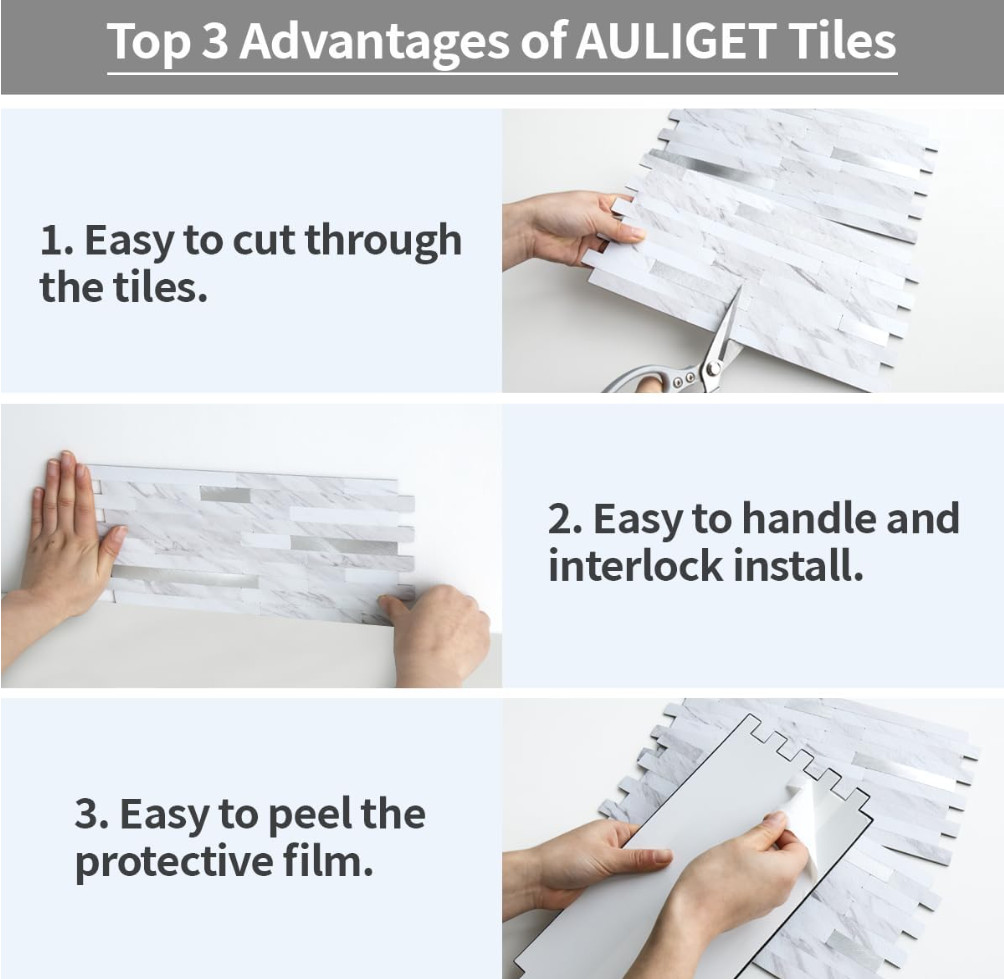AULIGET 20 Sheets Faux Stone Peel and Stick Backsplash, White Marble Look PVC