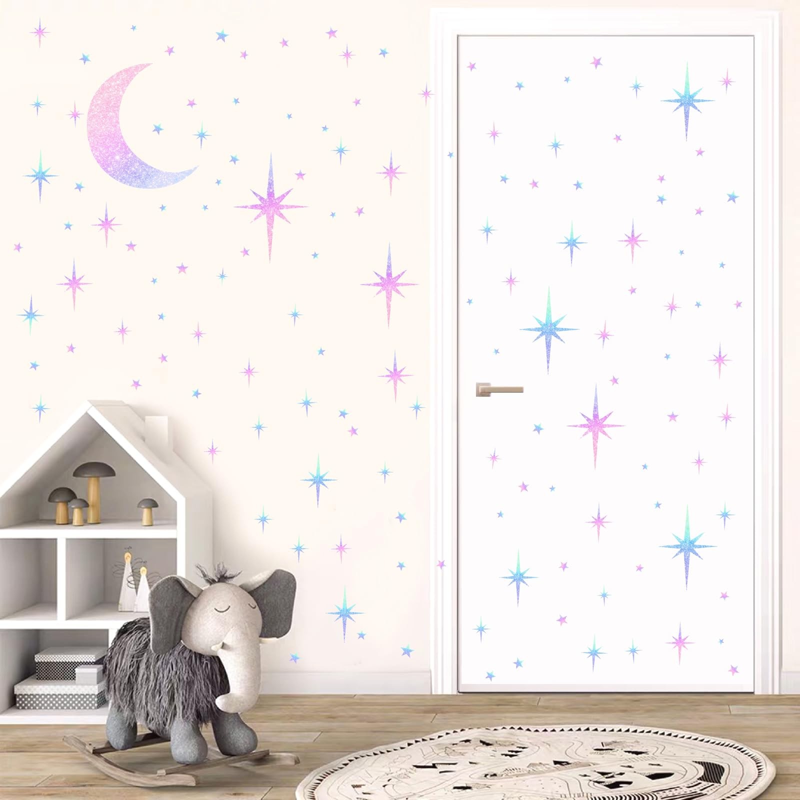 Star Wall Decals Sparkle Wall Decal Peel and Stick Rainbow Star Moon Stickers…