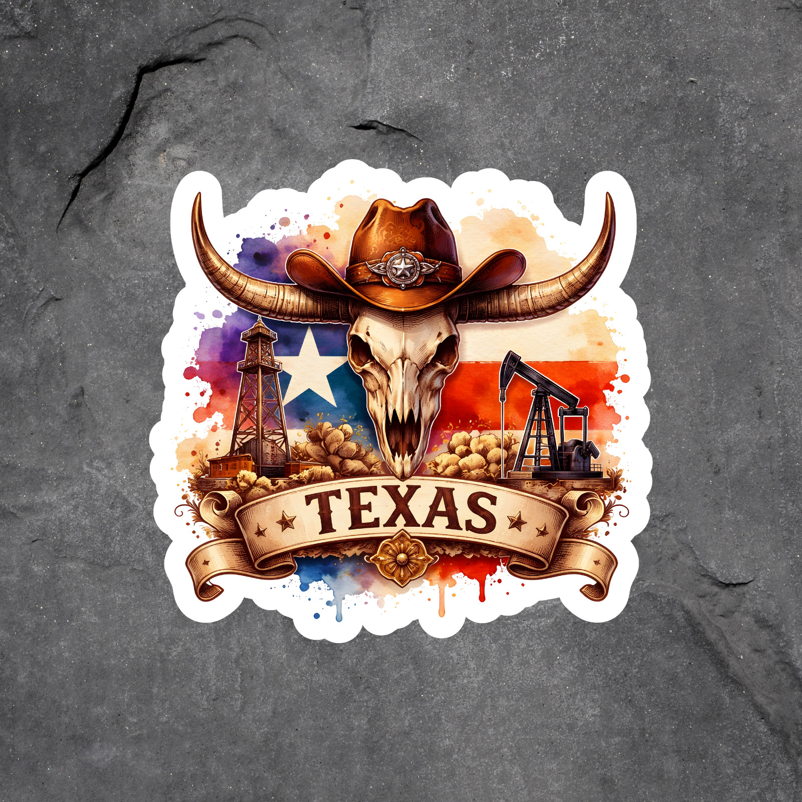 Texas Sticker Vinyl Decal Longhorn Skull Cowboy Hat Western Oil Rig USA