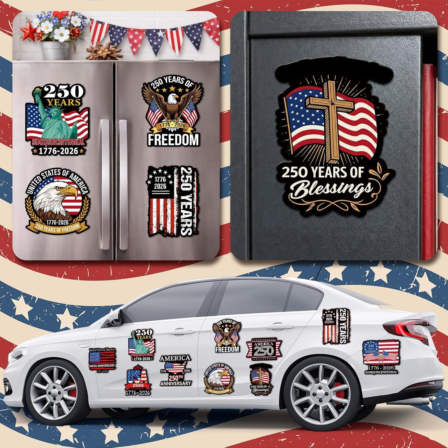 10 Pcs 250Th Anniversary Car Magnetic Sticker 1776-2026 Patriotic Flag Freedom E