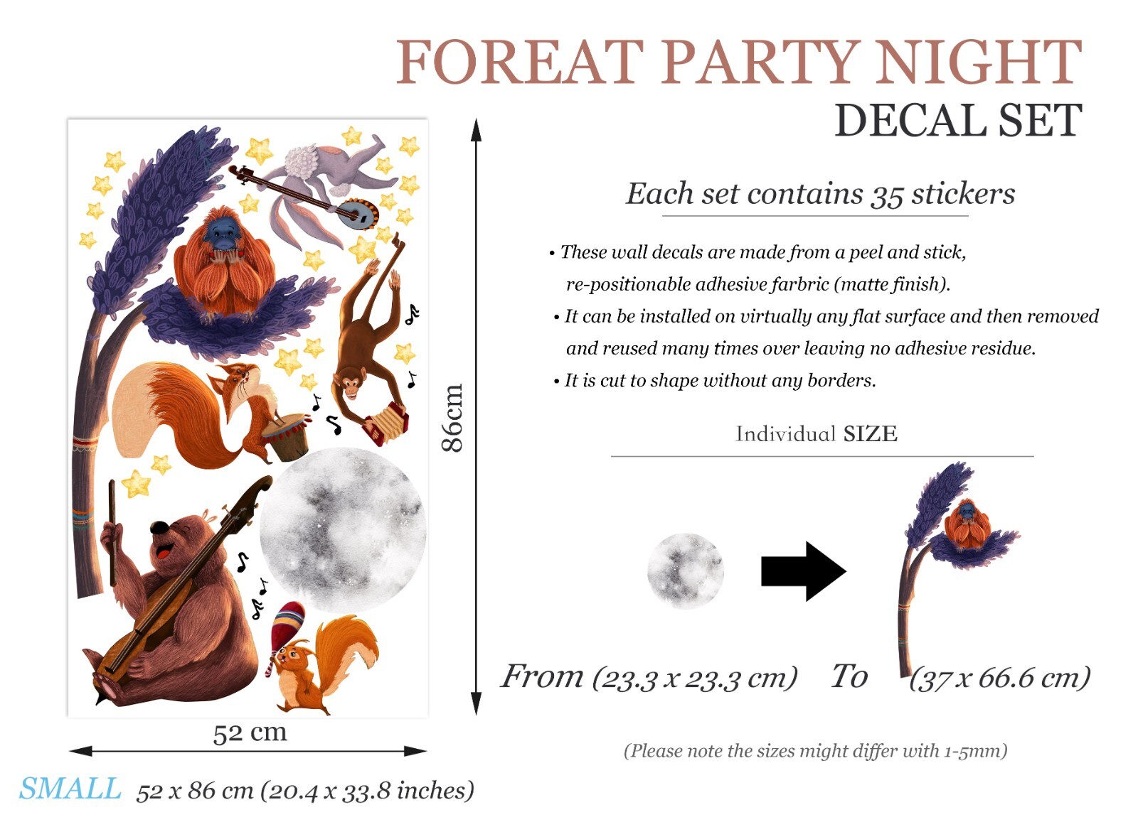 Forest Party Night Bear Fox Moon Monkey for Kids Nursery Wall Decal Sticker
