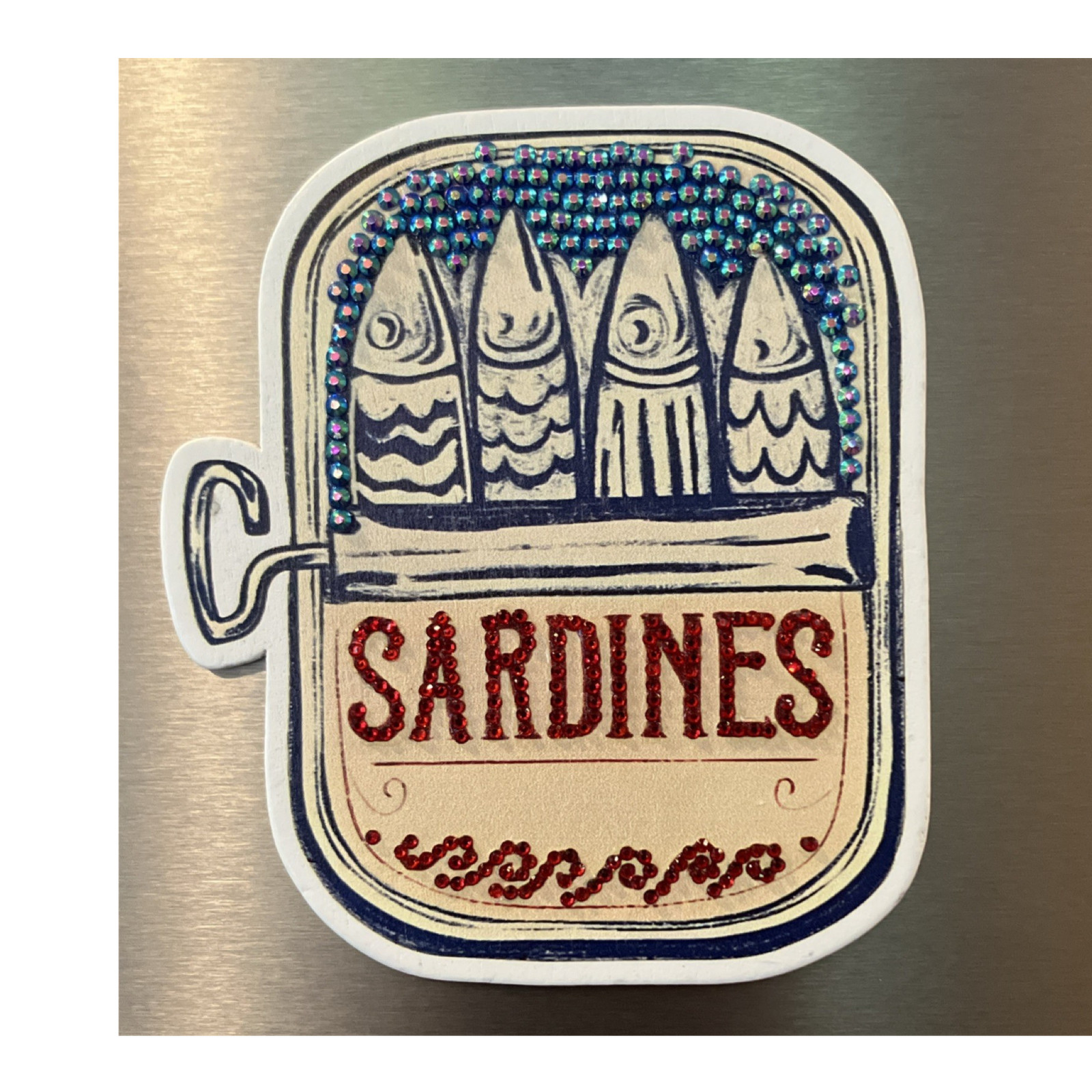 Sardines Tin Can painted wood Magnet glass gemstones Gift office kitchen decor