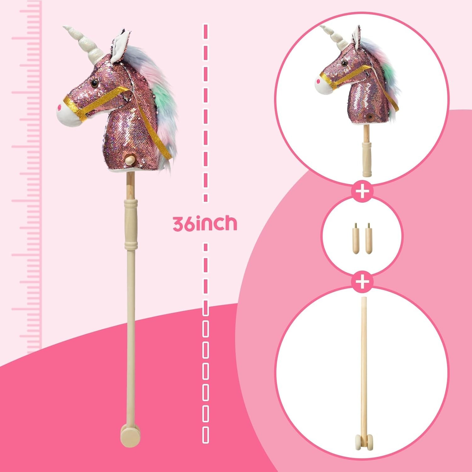 Sequin Unicorn Stick Horse Handcrafted Hobby Horse on a Stick with Wood Wheels R