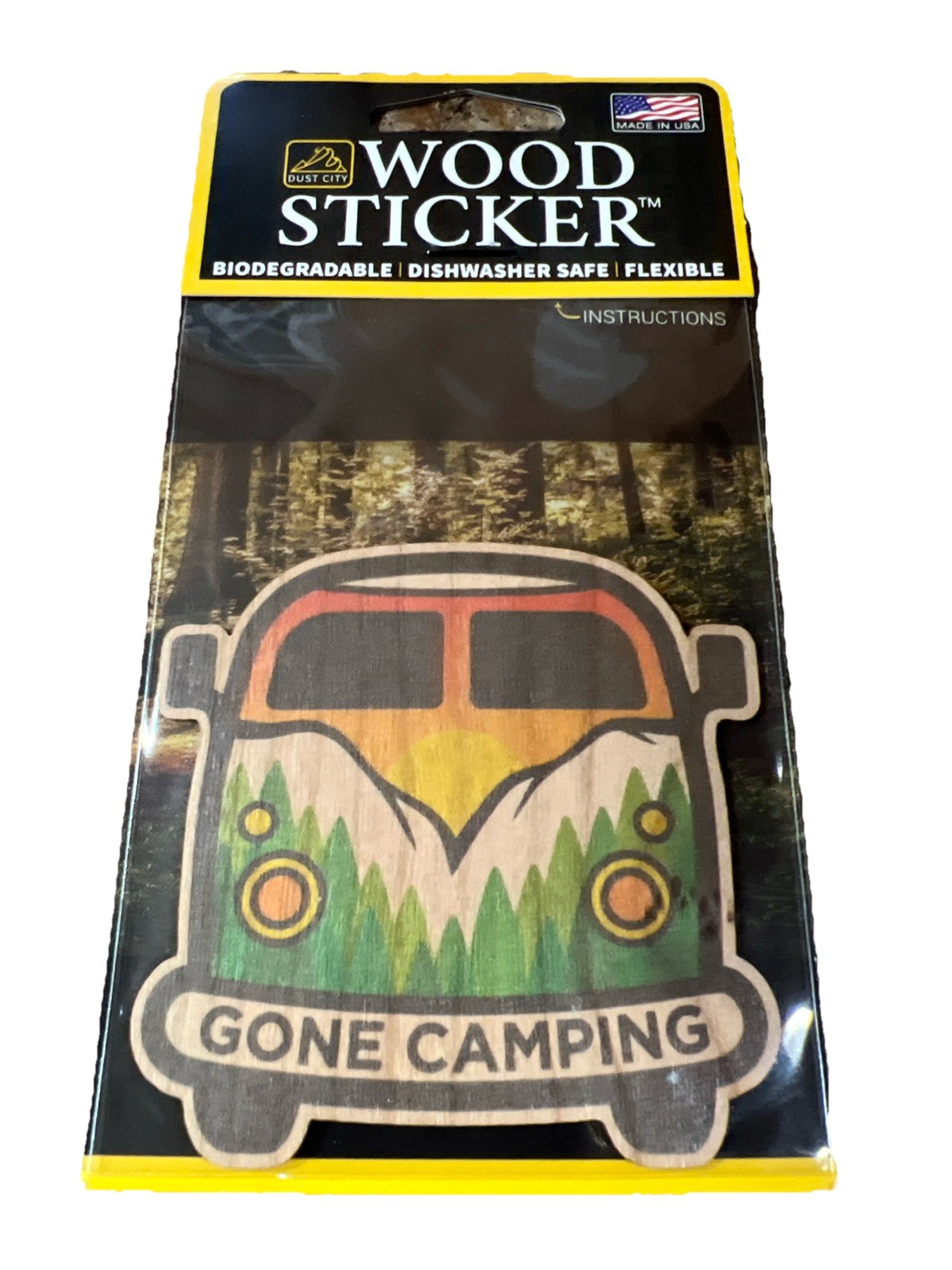 Gone Camping Hippie Bus WOOD Sticker Dishwasher SAFE Biodegradable Dust City NEW