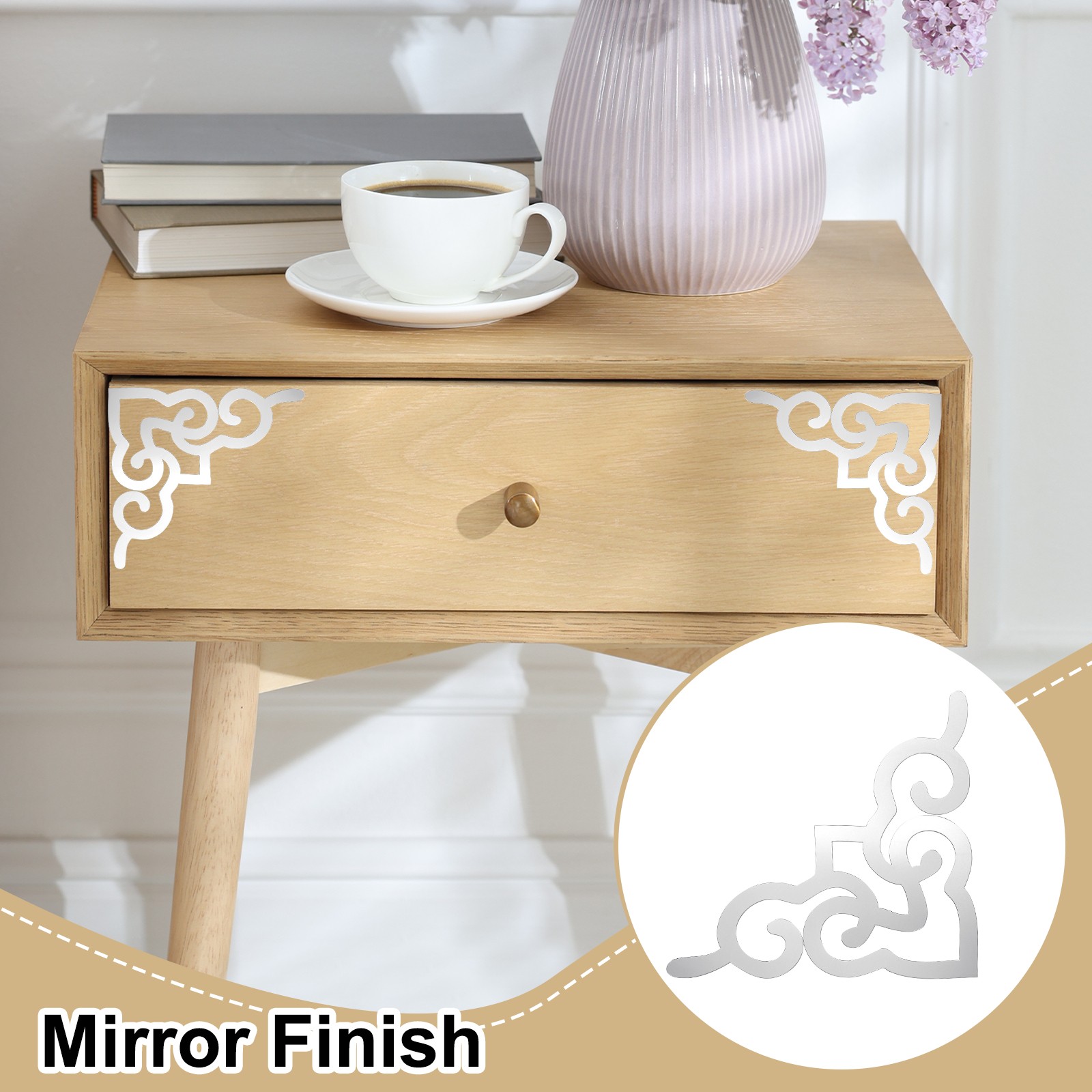 4 Pcs Hollow Mirror Wall Stickers (Silver Tone, 7.9 x 7.9")