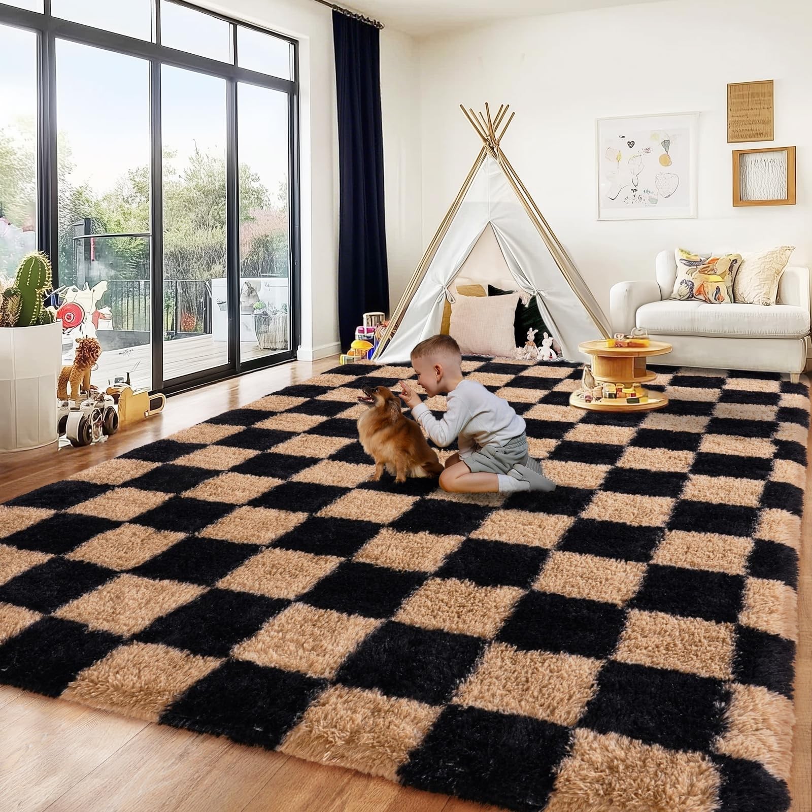 Checkered Rug for Bedroom 5×7, Ultra Soft Plush Modern Area Rug Non-Slip Carp…
