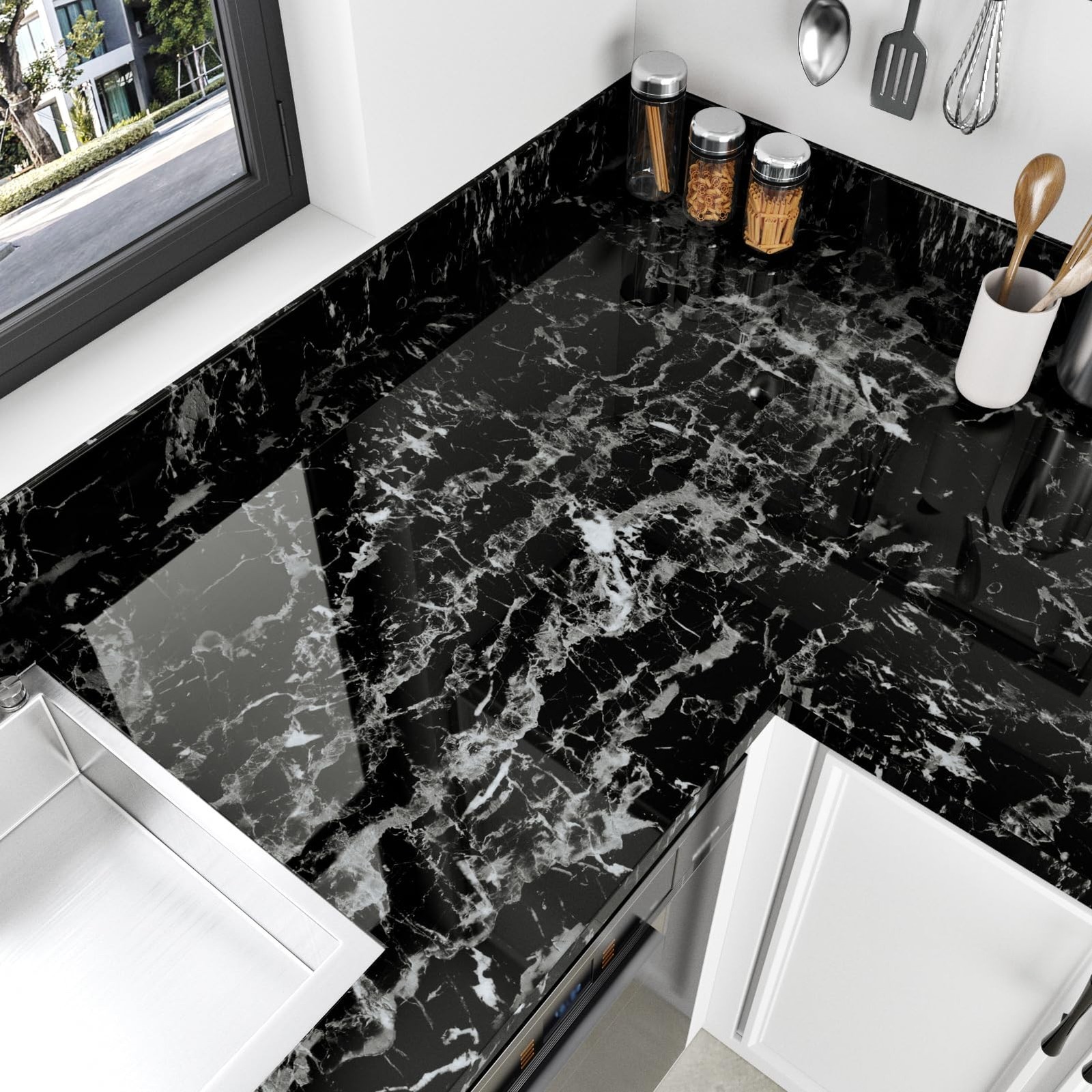 Glossy Black and White Marble Contact Paper for Kitchen Bathroom Shiny Granit…