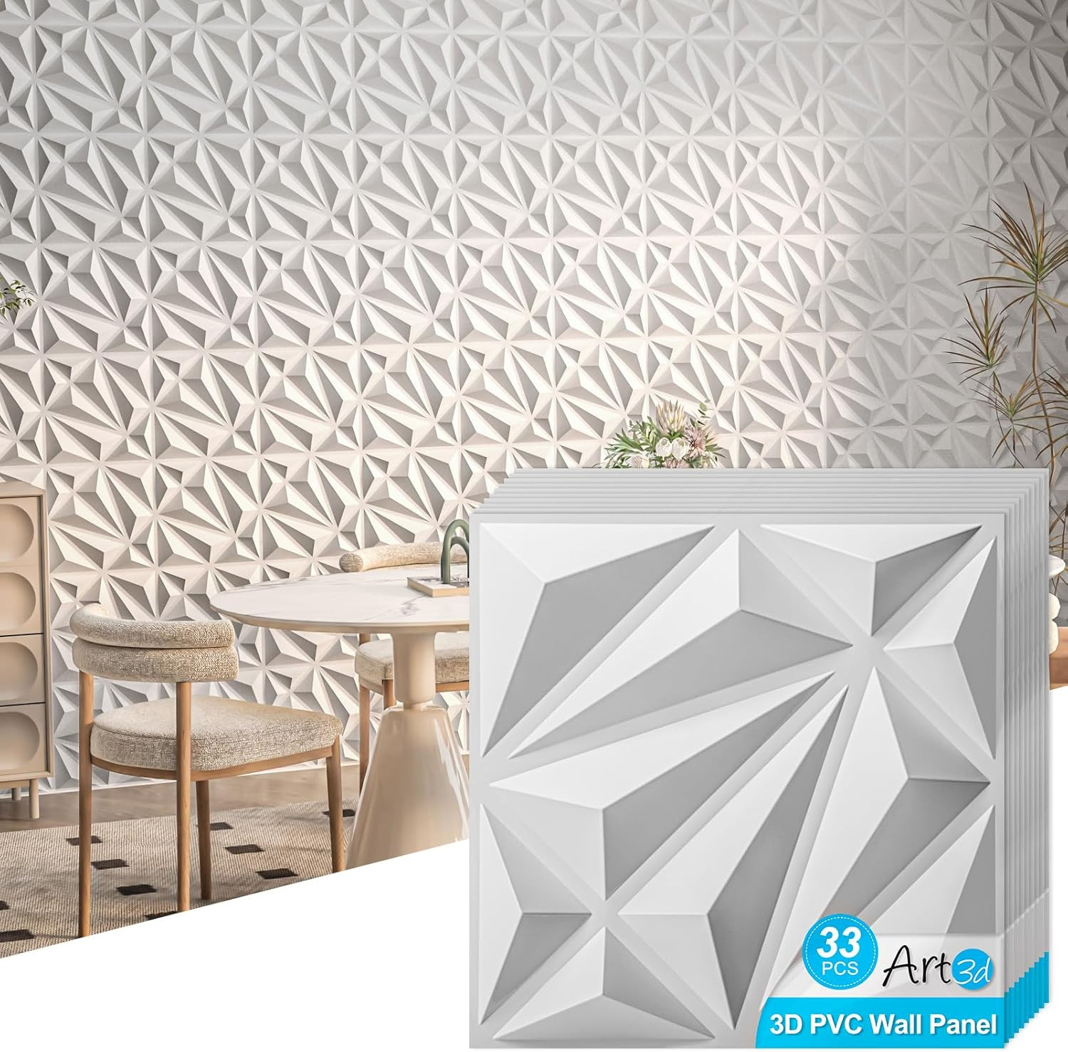 33-Pack 3D Wall Panel for Interior Wall Décor, Diamond Textured PVC Accent Wall