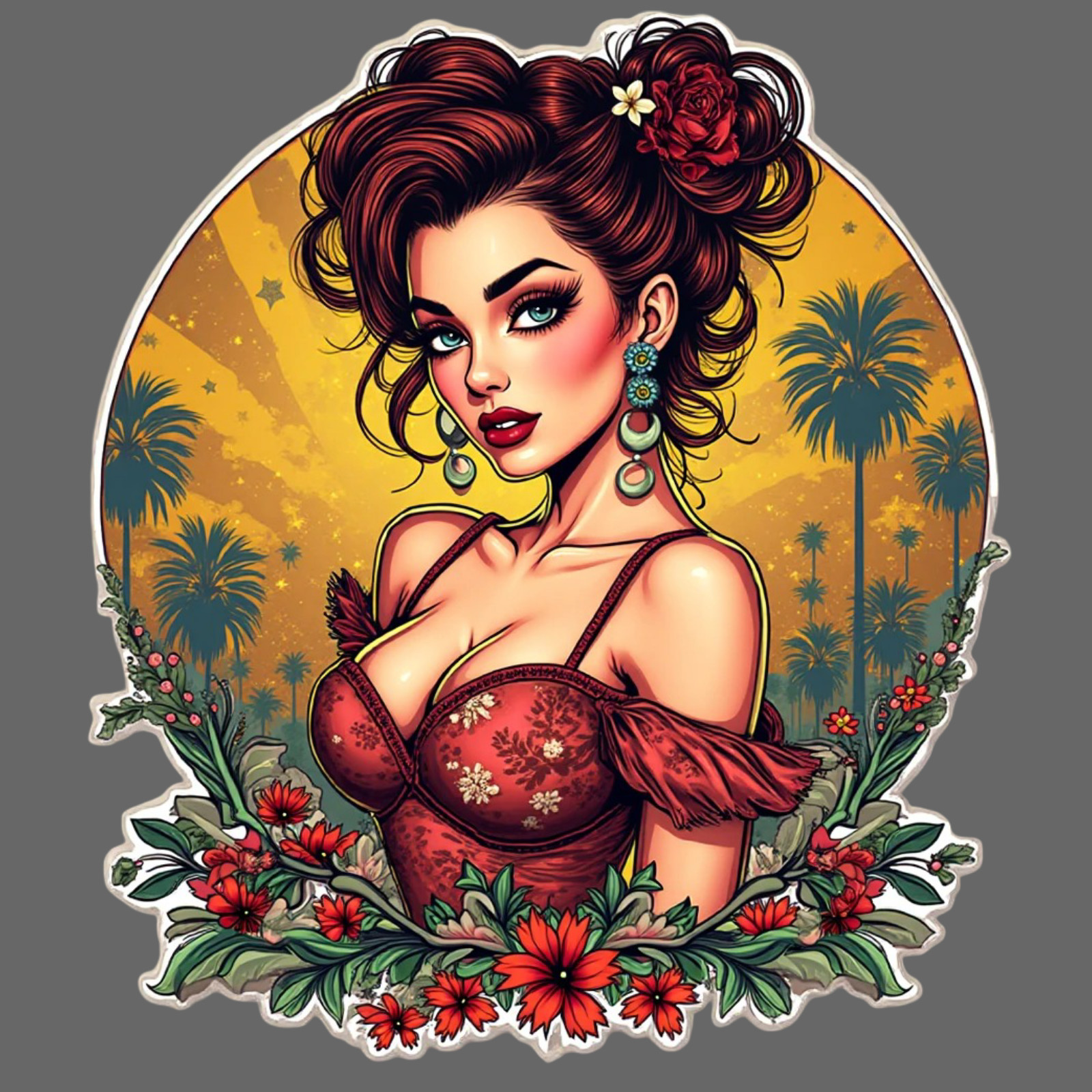 Pinup Girl Sticker Vinyl Decal Redhead Curvy Rockabilly Floral Retro Glam