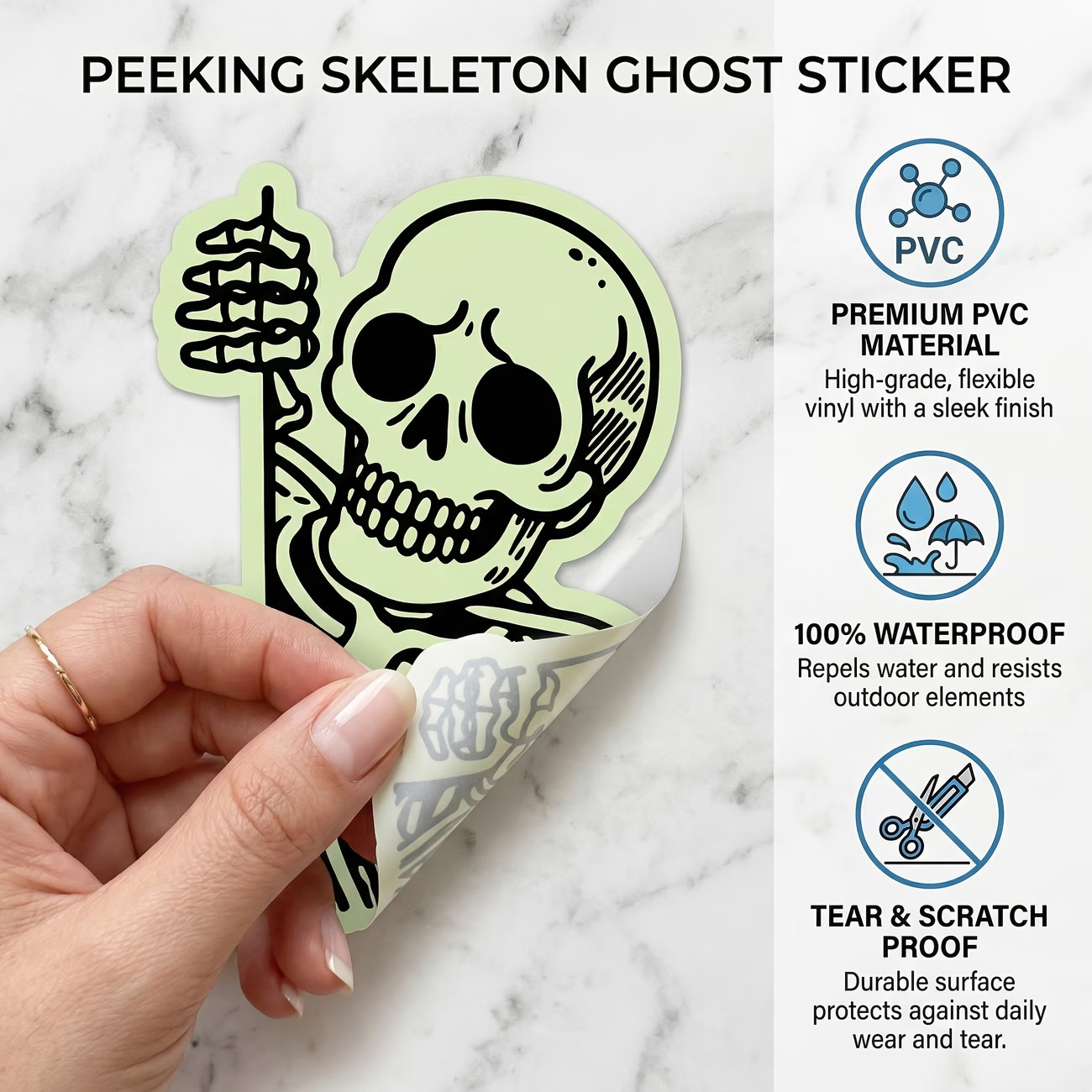 3" Funny Peeking Skull Glow in the Dark Sticker, Premium High Quality PVC Vinyl