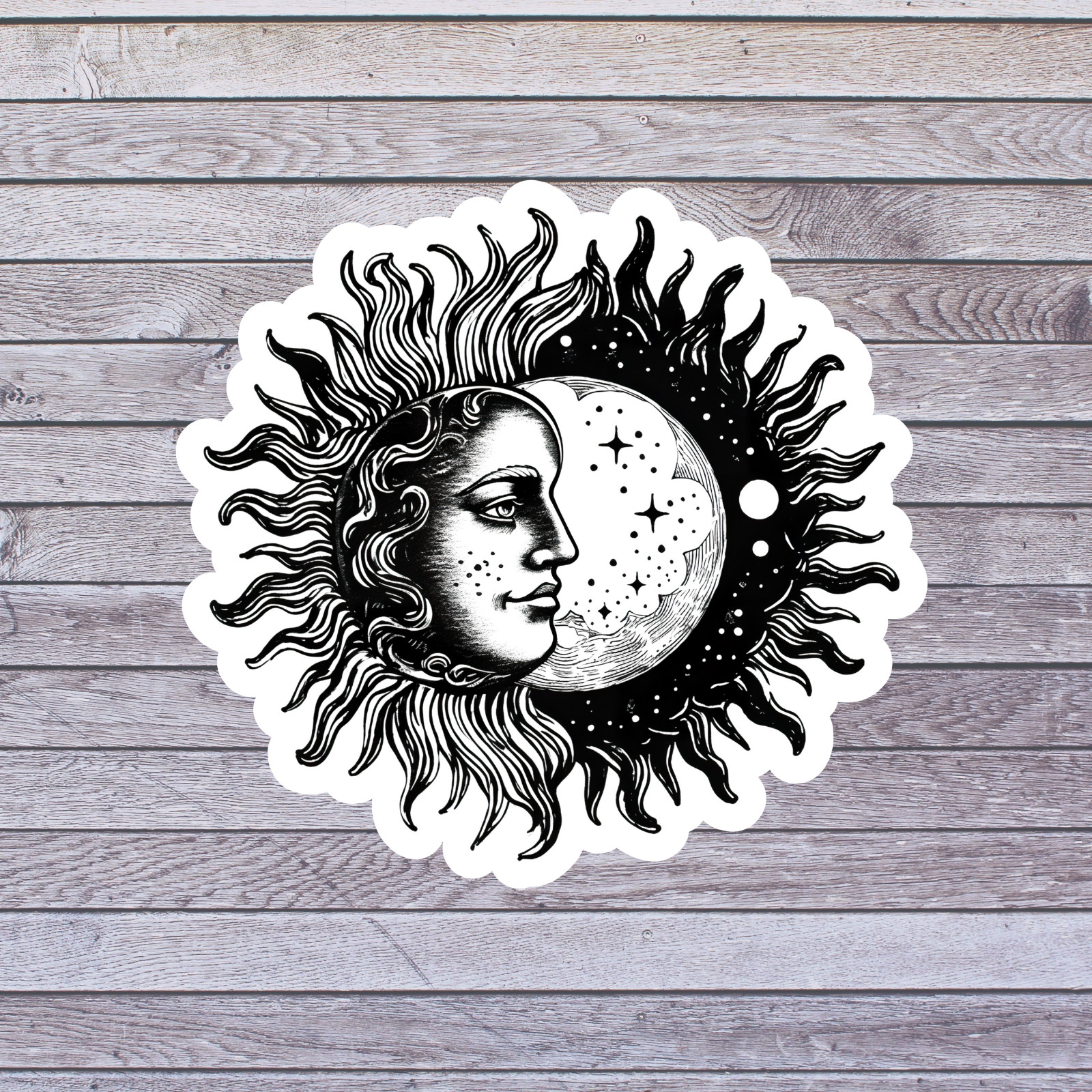 Celestial Sun Moon Sticker Vinyl Decal Black White Vintage Astrology