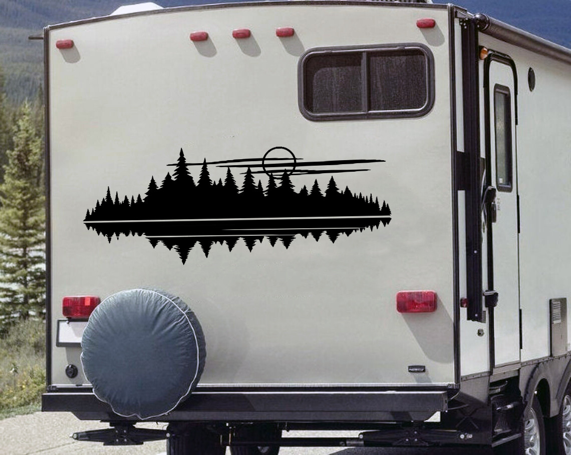 Lake Moon Forest Scene Vinyl Decal V1 – RV Graphics Camping Tree Line – Sticker