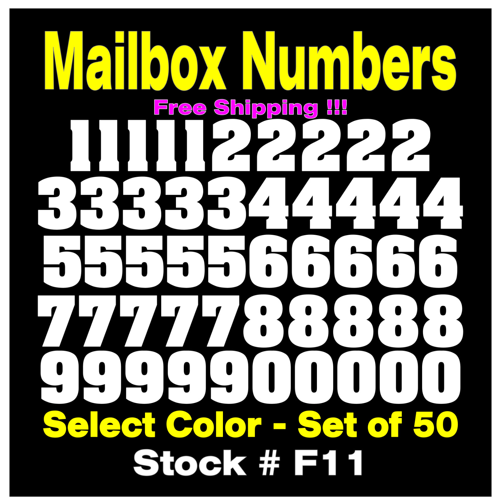 MAILBOX NUMBER Vinyl Decals Set of 50 Numbers SIZES 1/2" up to 4" STK# F11
