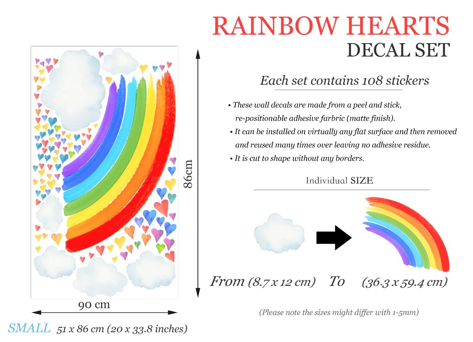 Watercolor Rainbow Colorful Hearts Removable Wall Fabric Decal Set Sticker