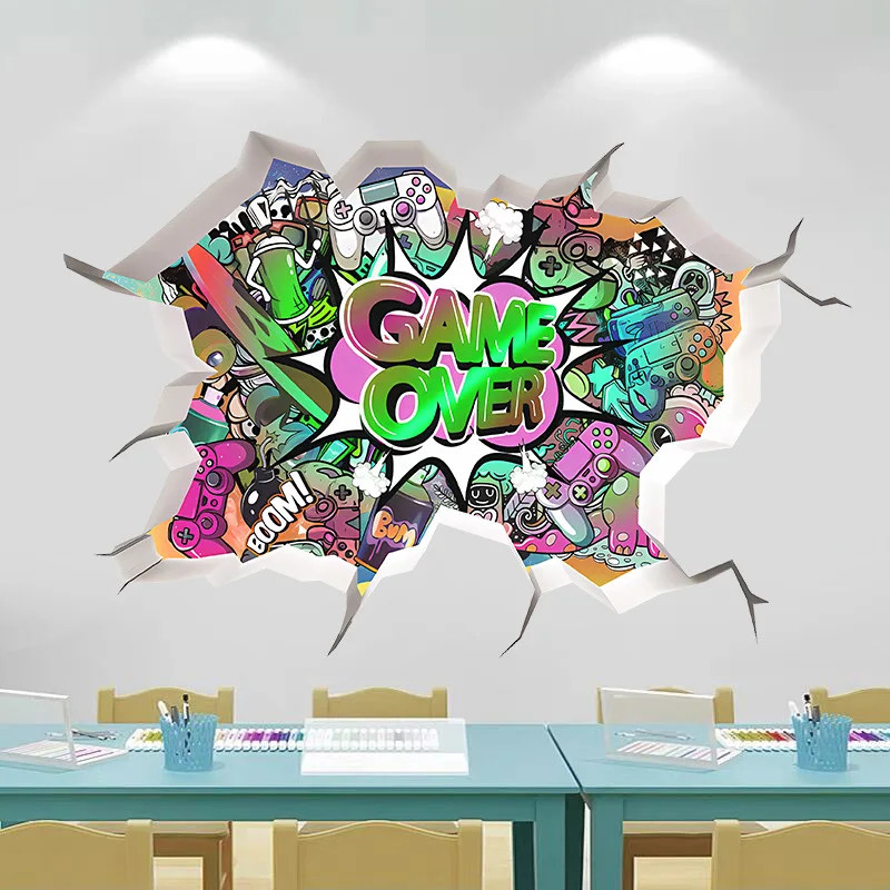 3D Broken Wall Gaming Controller Vinyl Sticker Kids Room Boy Bedroom Decor