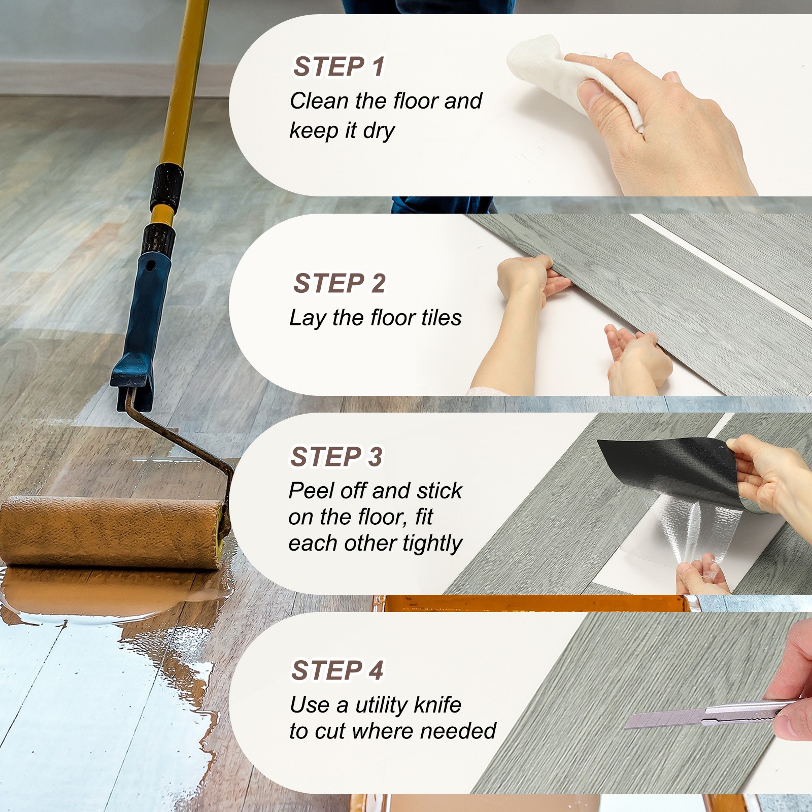 12pcs Peel and Stick Floor Tile 36 x 6" PVC Wood Plank Flooring,Creamy White