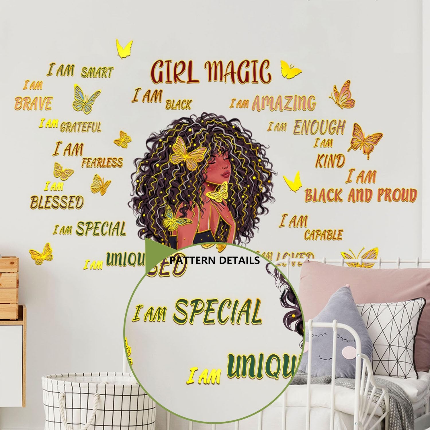 Black Girl and Butterfly Wall Stickers Motivational Quote Wall Decal Gold-Pla…