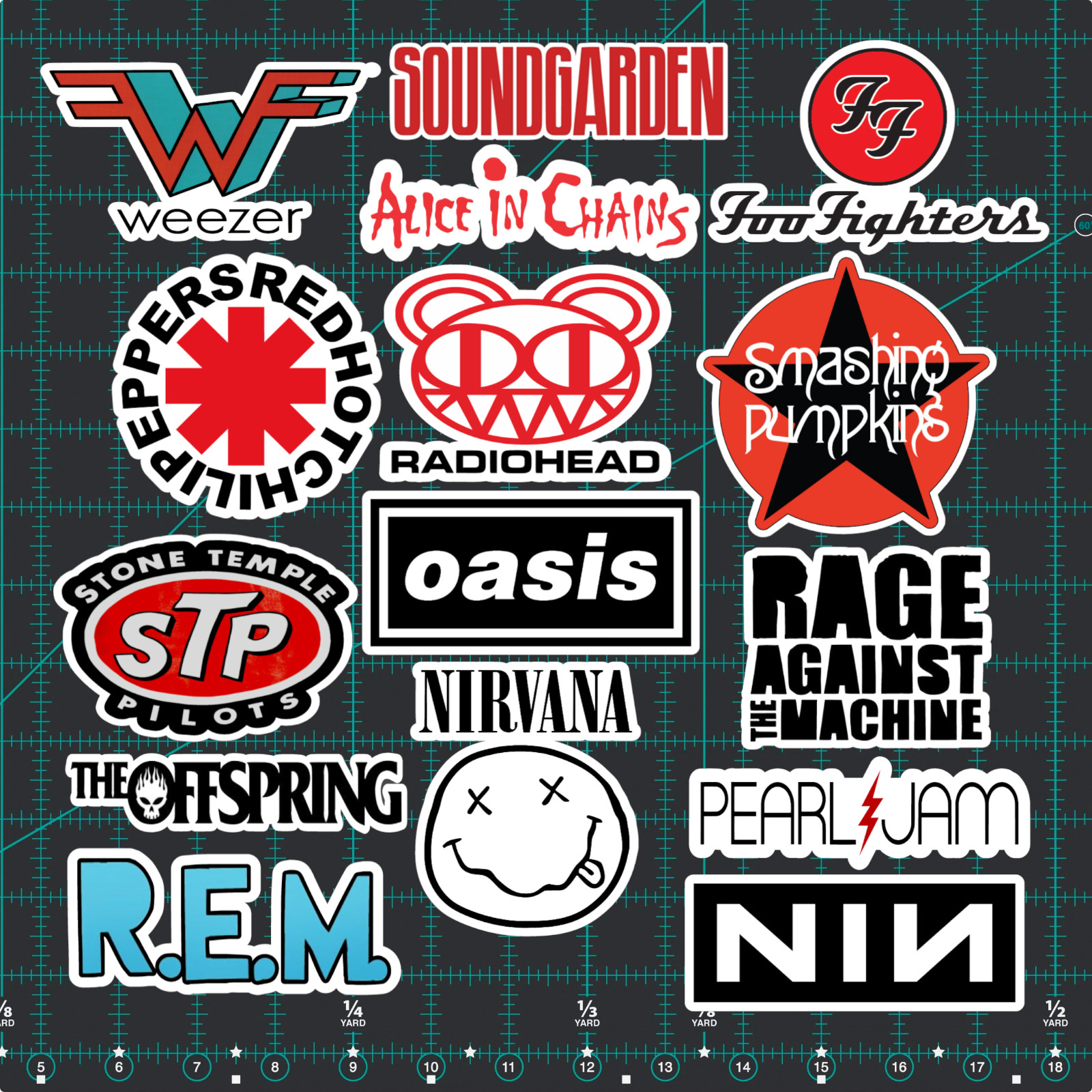 15 90s Alternative Rock Logo Sticker Pack – Clear, Holographic, or White – Decal