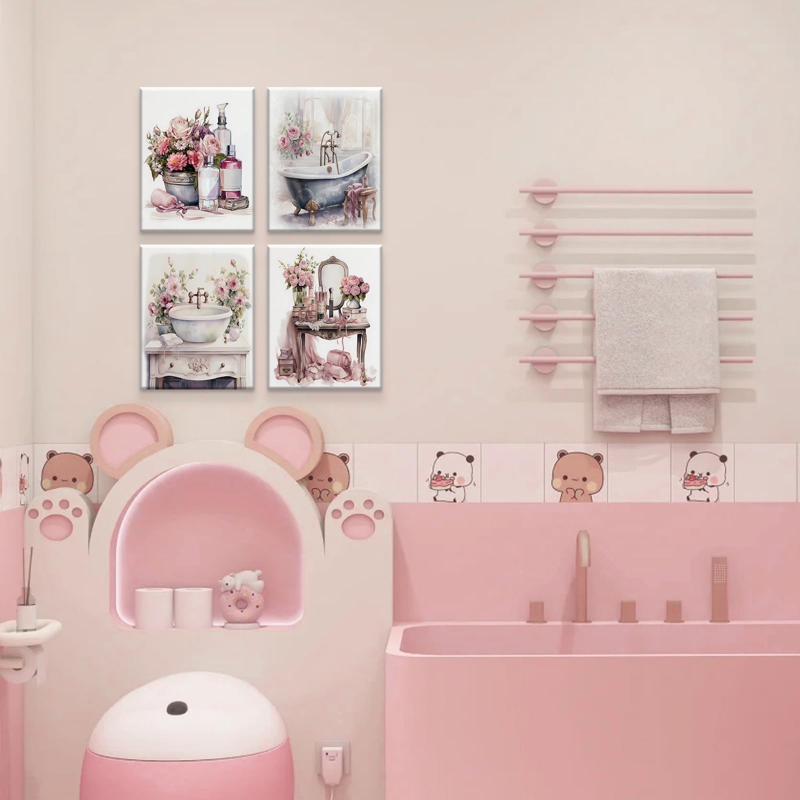 Pink Wall Art Prints Bathroom Wall Decor,Floral Framed Art Posters Girls Bedr…