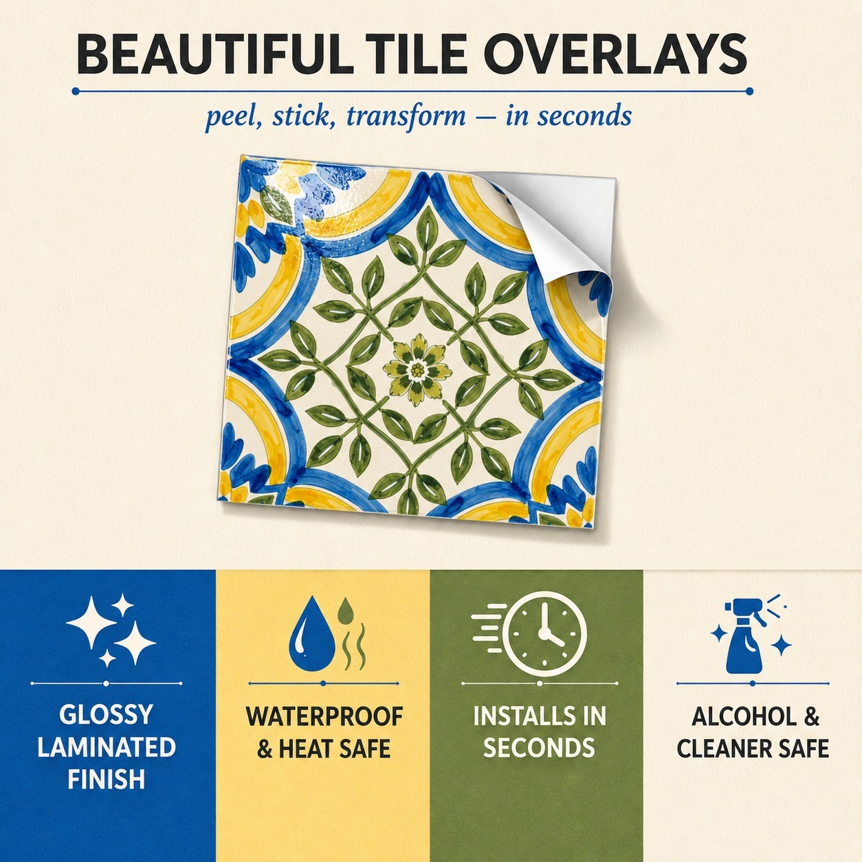 Peel and Stick Tile Stickers Blue Yellow Portuguese Kitchen Backsplash