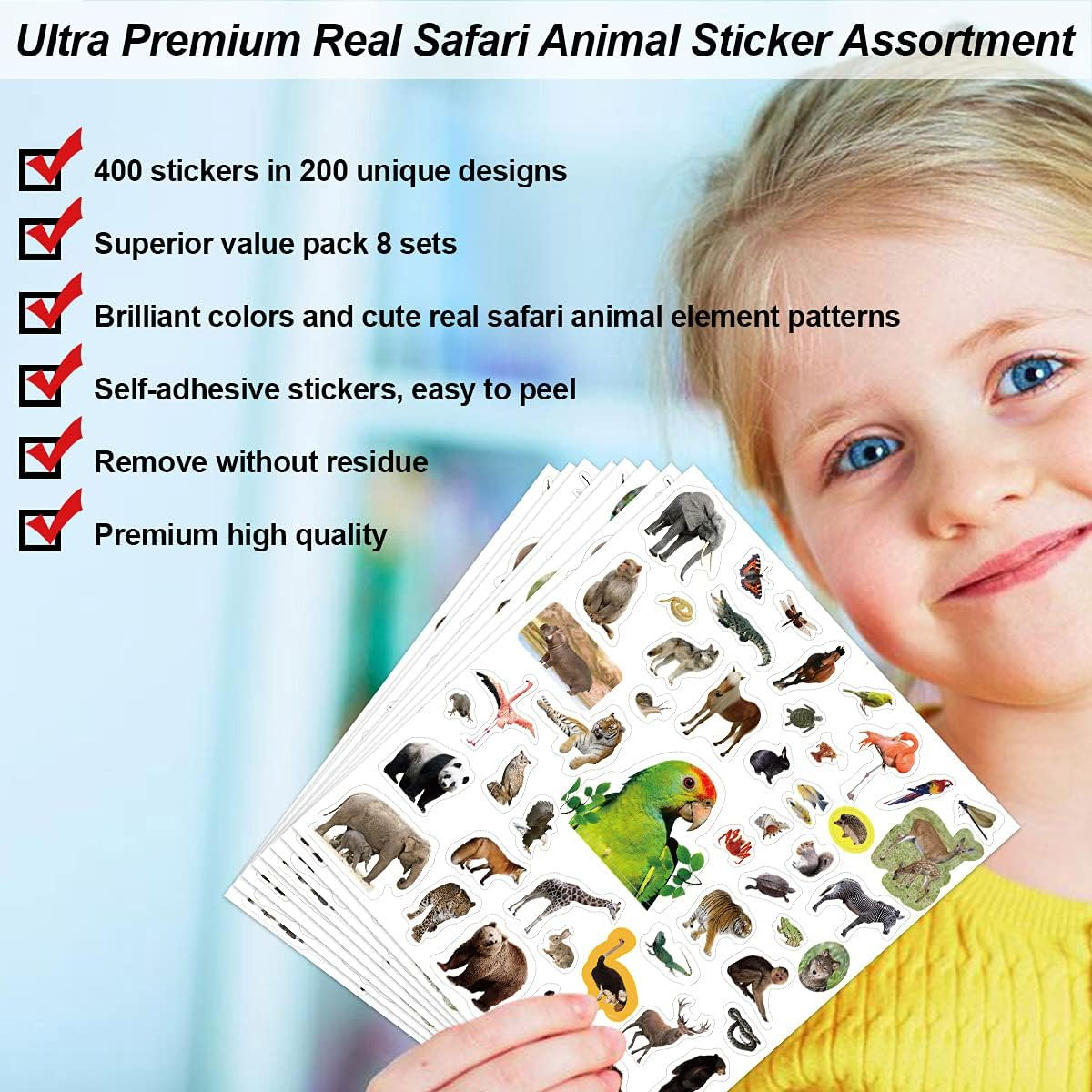 Jungle Animal Stickers for Kids, 8 Sheets, 400 Pcs Safari Themed Decals