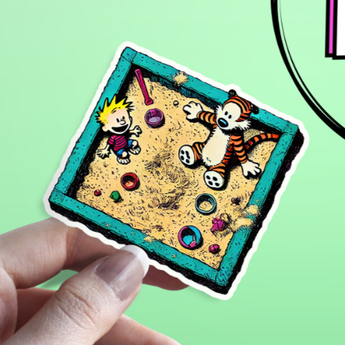 Calvin & Hobbes Sandbox Sticker: Playful Waterproof Fun in the Sand Sticker