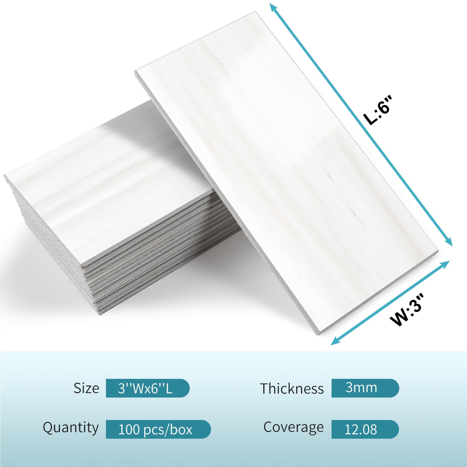 100-Piece Glossy Dolomite White Peel and Stick Backsplash Tile,3"x6" PVC Su…