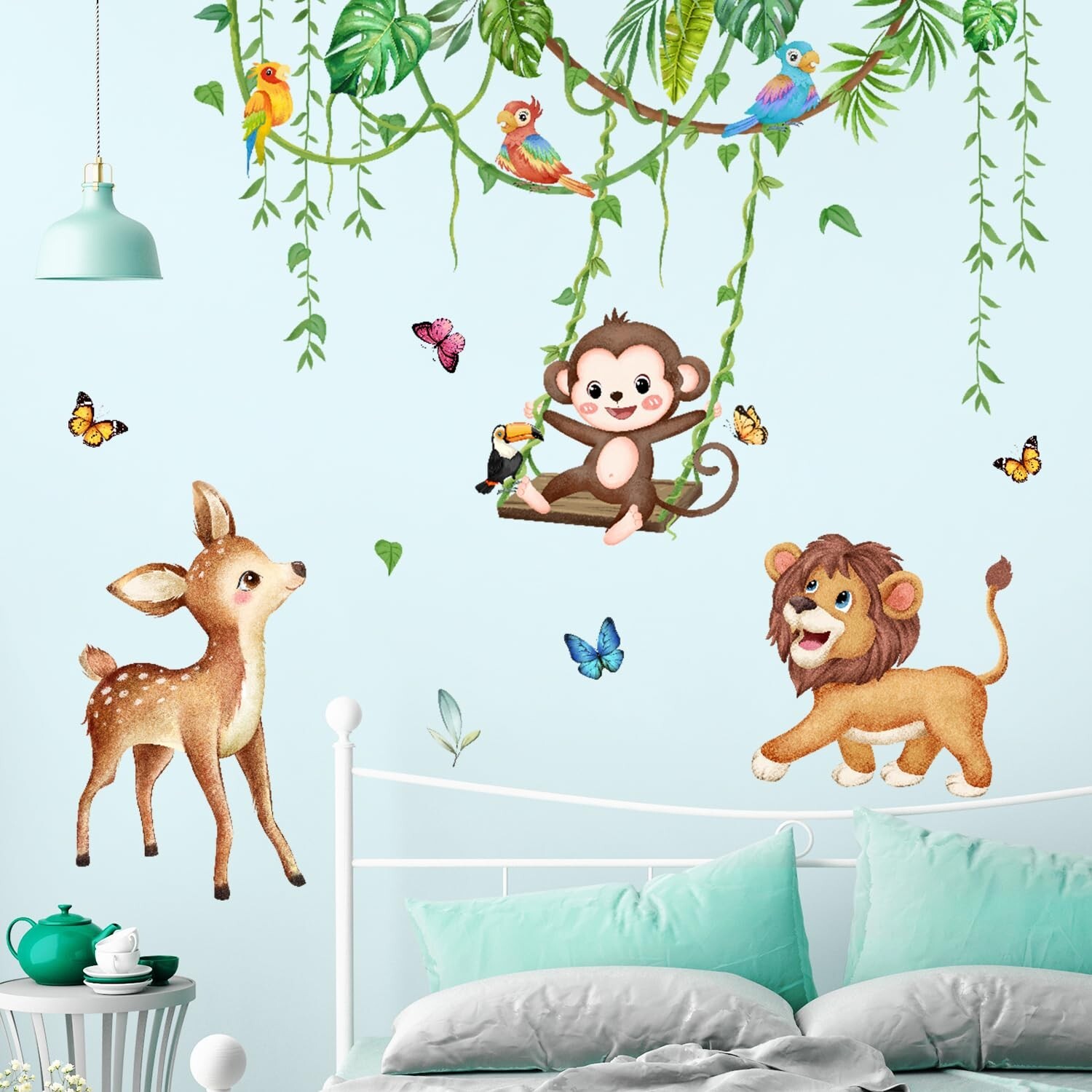 Safari Animals Wall Decals Tropical Leaves Wall Stickers Green Hanging Vines …