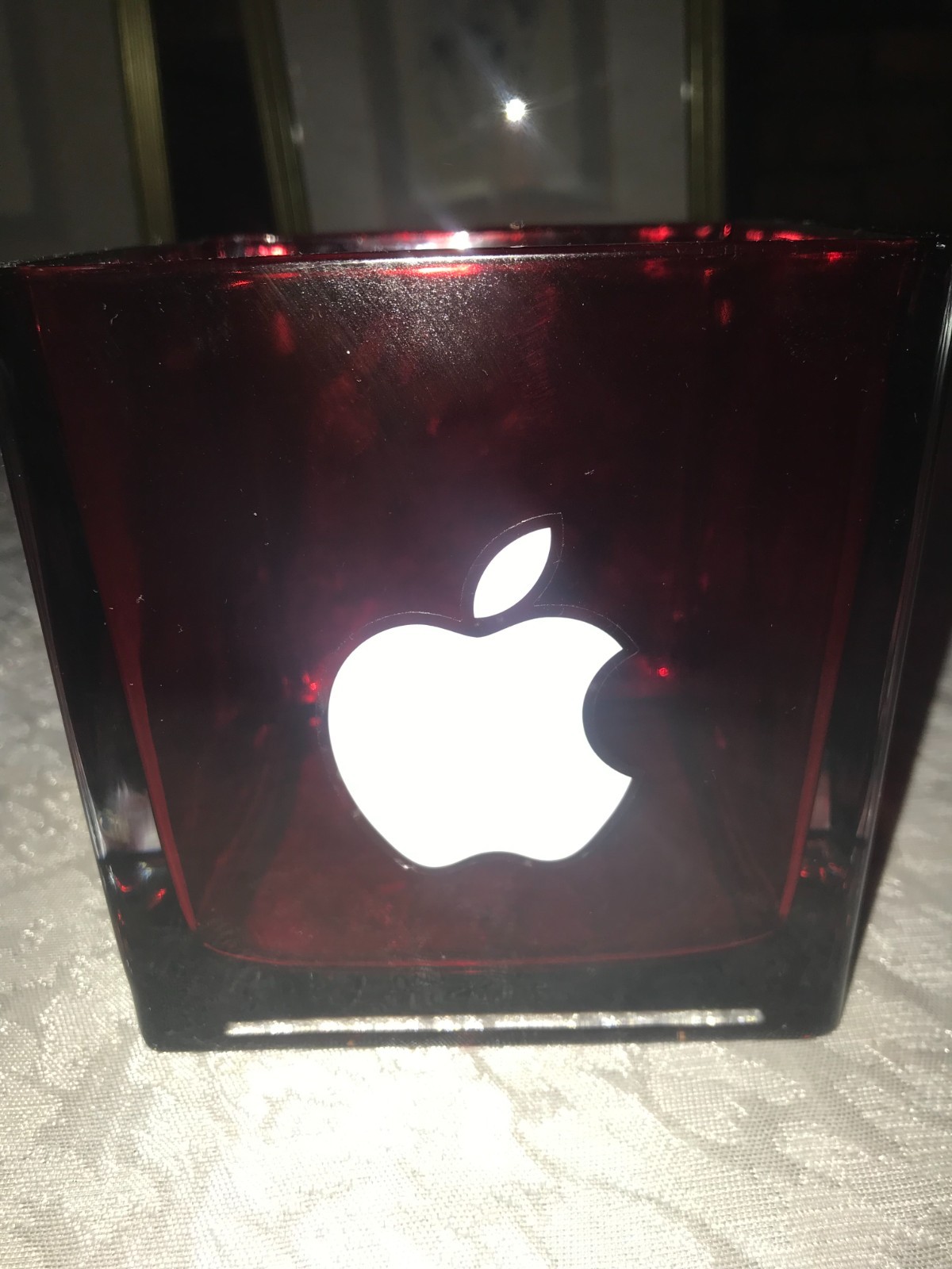 APPLE Inc. WHITE Iconic LOGO Red HEAVY Glass VASE Planter BOWL 4¾" SQUARE Cube