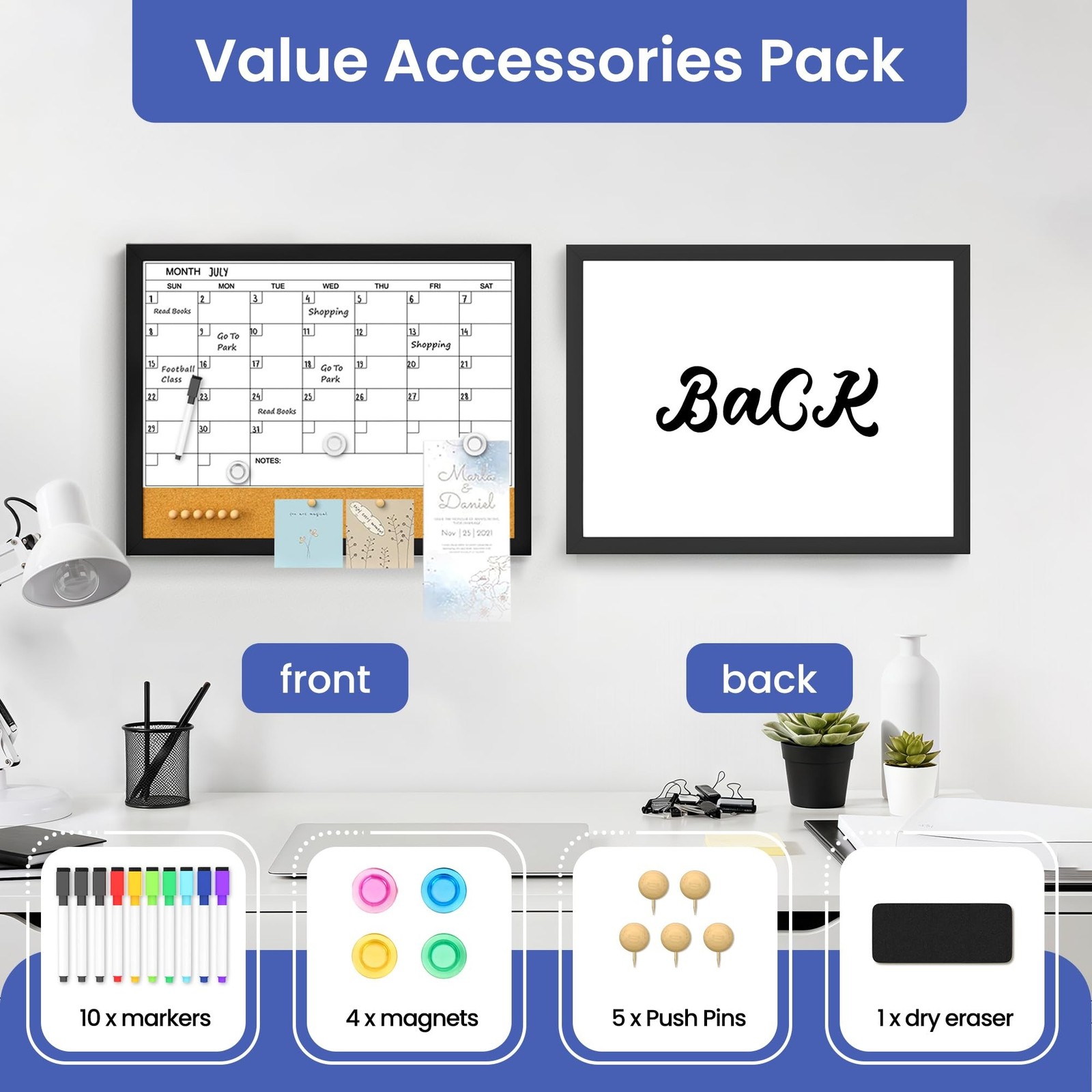 Monthly Whiteboard Calendar with Cork for Wall, 17" x 13" Double-Sided Dry Er…