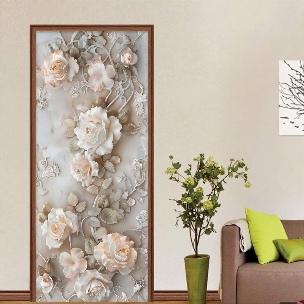 REDAMANCY Modern Ivory Pink White Rose Florals Peel and Stick Door Stickers V…