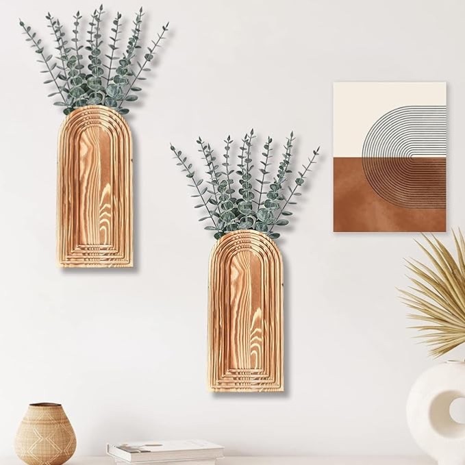 2 Pack Wooden Wall Vase Set Brown Farmhouse Boho Decor Hallway Entry