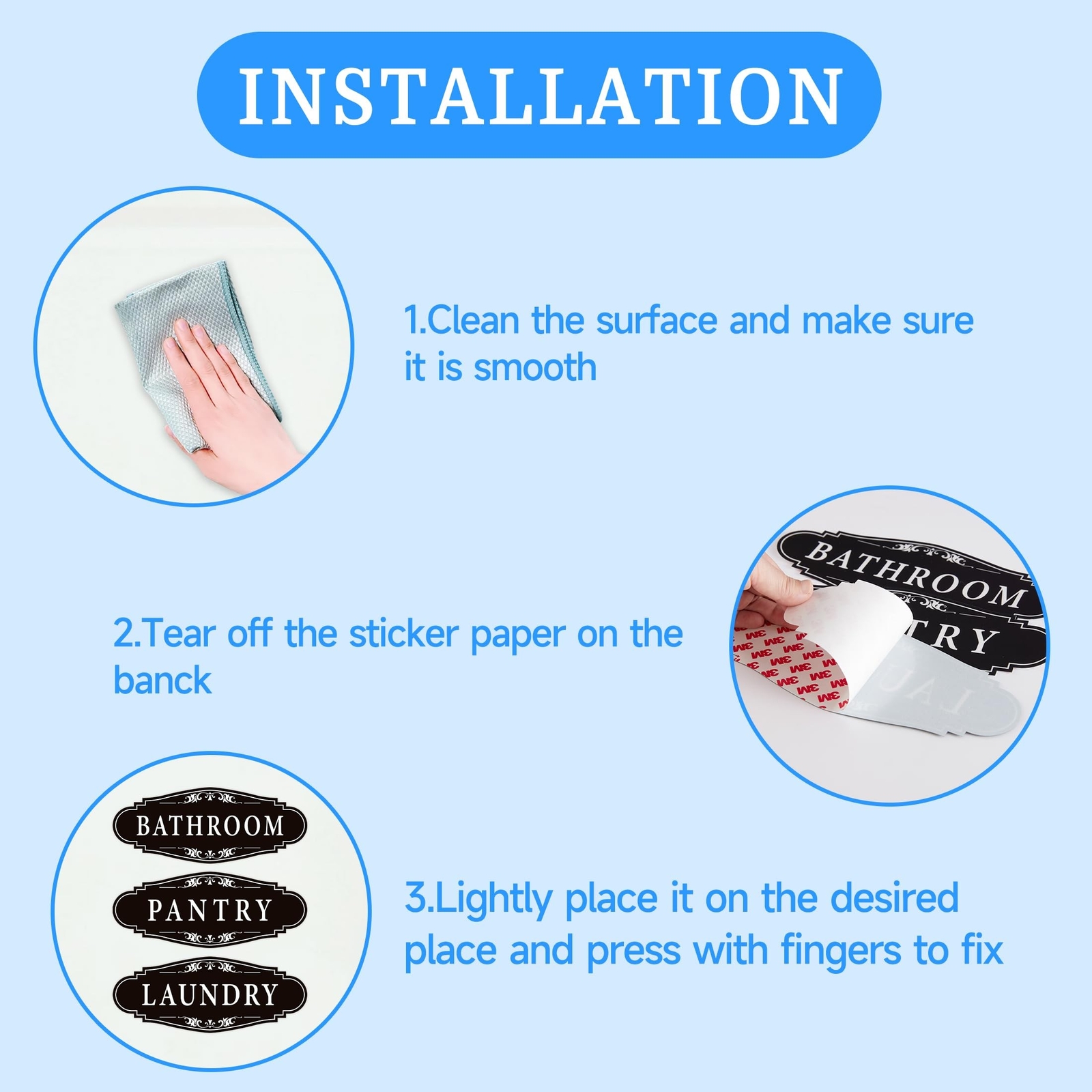 3PCS Bathroom/Laundry Room/Pantry Door Signs Sticker, Self-Adhesive Weatherpr…