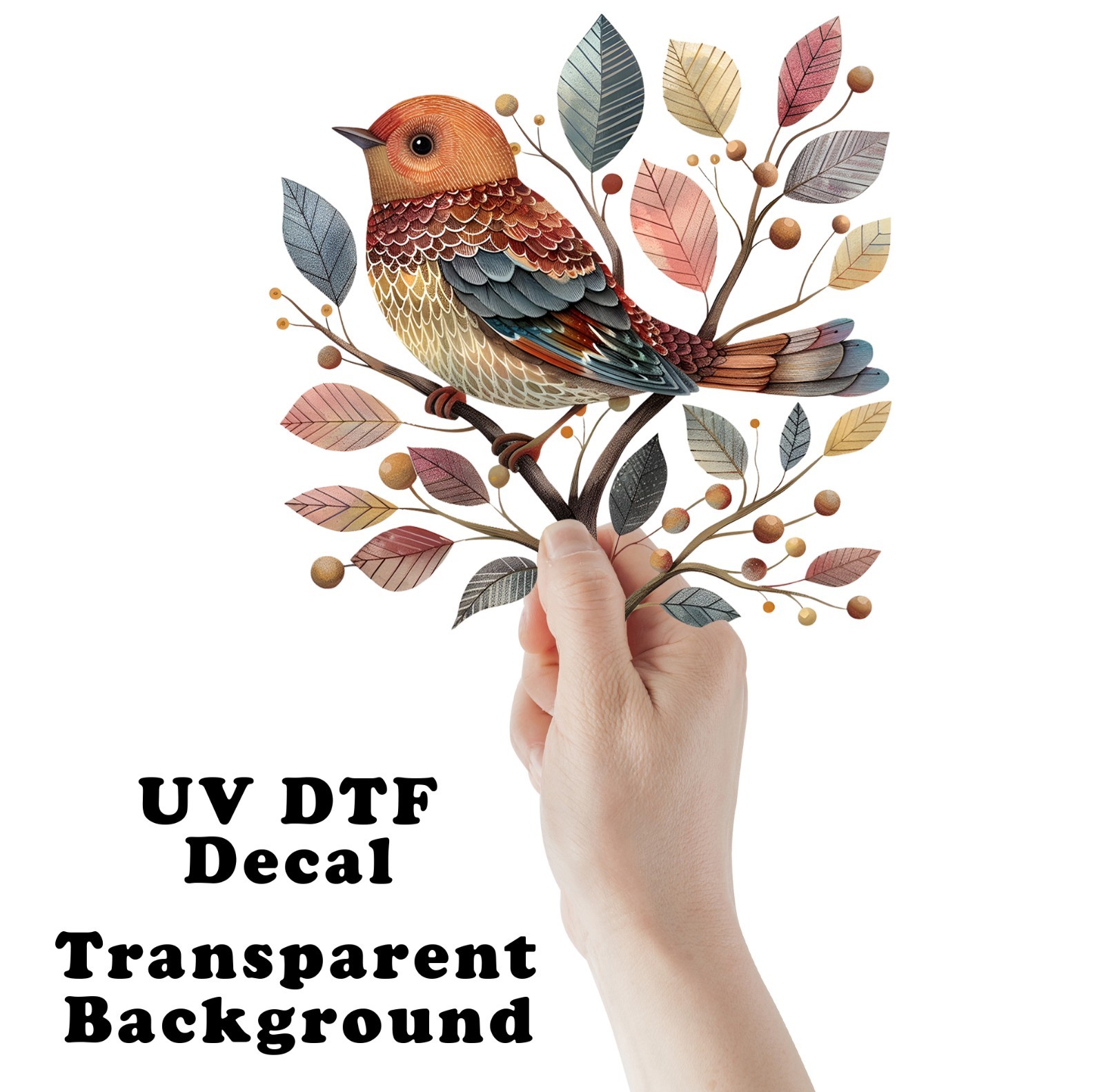 Folk Art Bird in Tree UV DTF Transparent Sticker / Decal