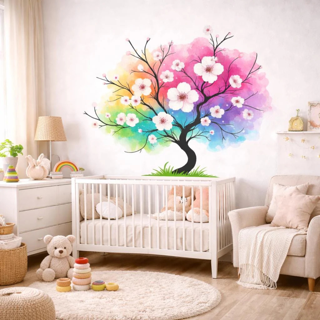 Watercolor Rainbow Tree Decal | Colorful Blossom Wall Art