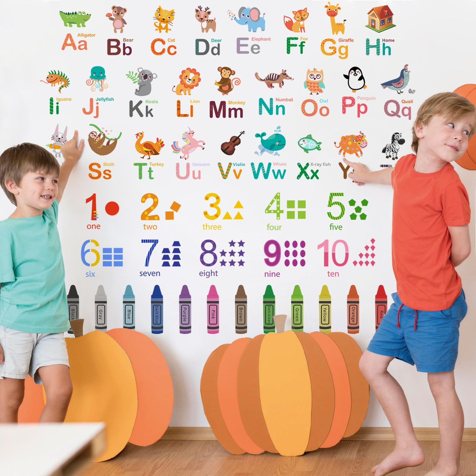 Animals Alphabet Numbers Wall Decals for Kids Room Colouring Pencils Wall Sti…
