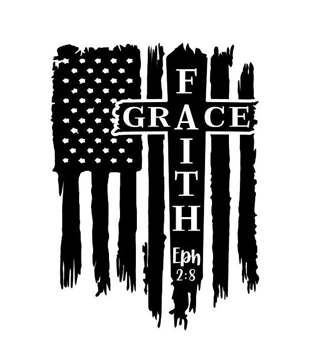Distressed American Flag Cross Jesus Saves Grace Through Faith Decal Sticker