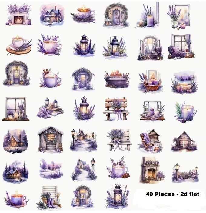 40 Pcs Set Lavender Flowers 2D flat Vintage STICKERS for Scrapbook DIY Planner