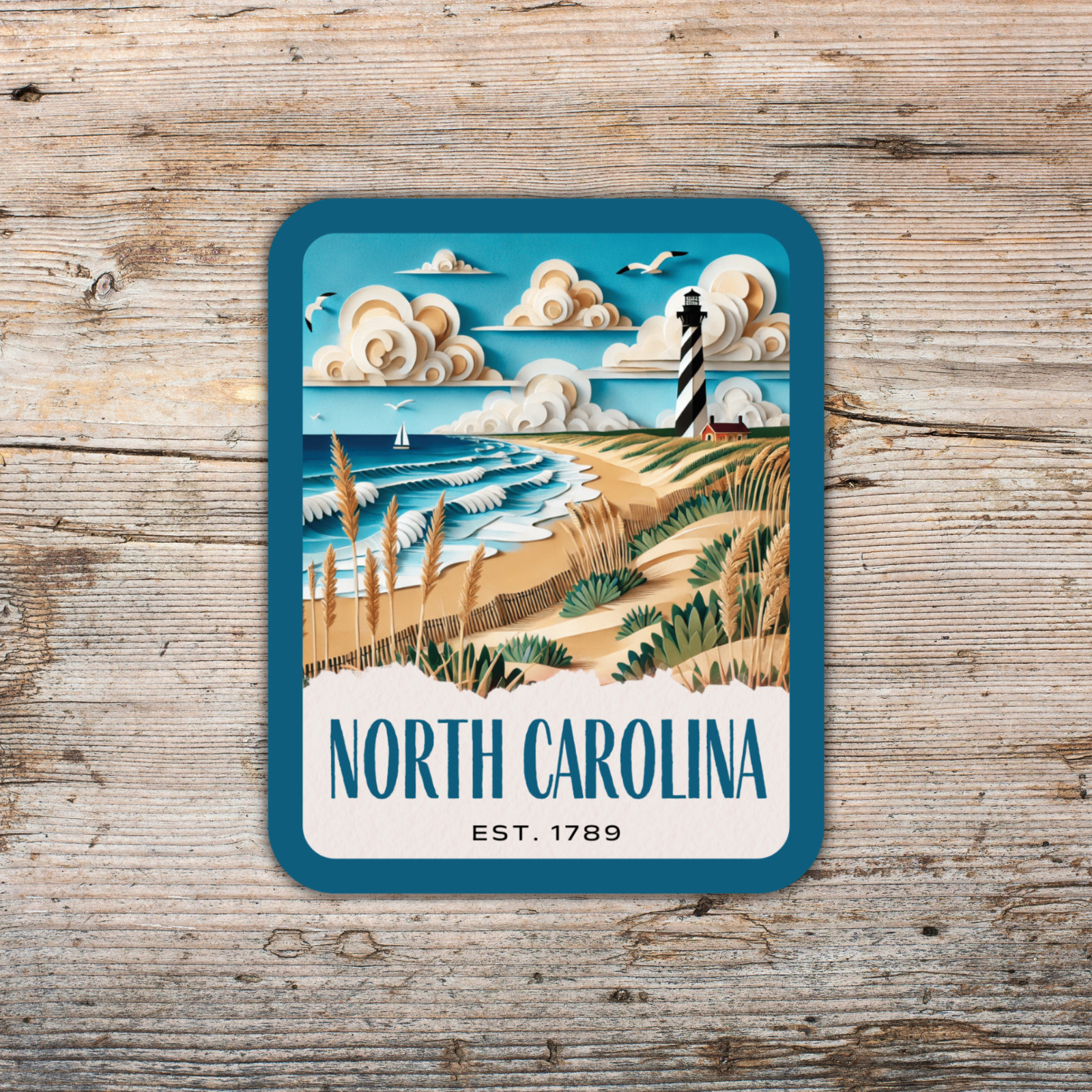 North Carolina State Sticker, Paper Collage Look, Cape Hatteras Vinyl Decal