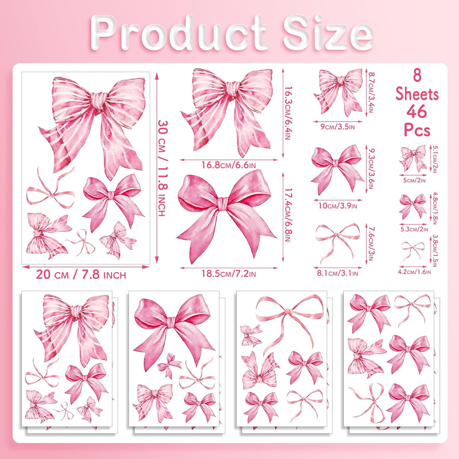 Pink Bow Wall Stickers, 8 Sheets 46 Pcs | Bow Knot Wall Decals Watercolor Bow Wa