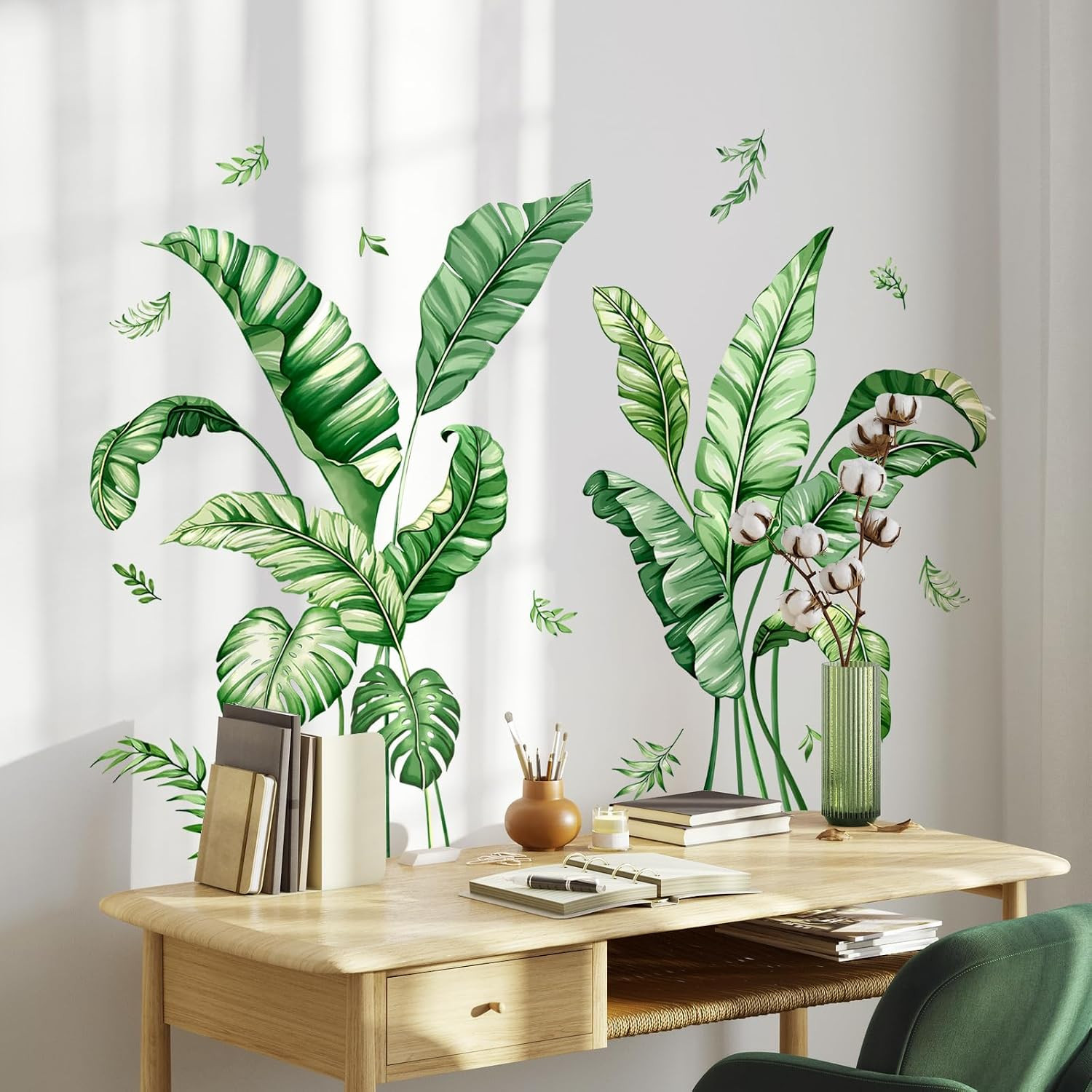 Large Tropical Palm Leaves Wall Decals Green Peel Stick Vinyl Wall Stickers Deco