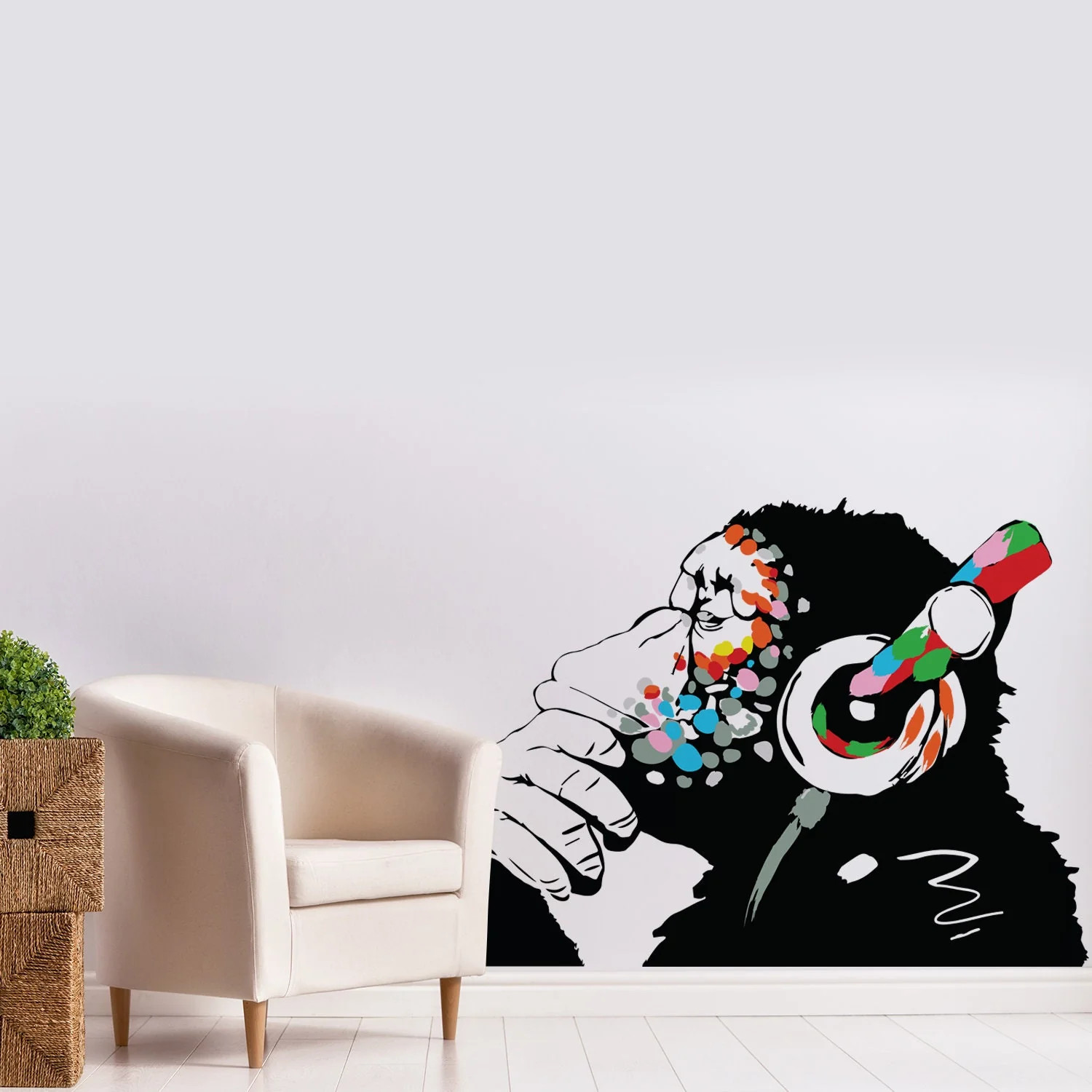 Artist Monkey With Headphones Wall Sticker – Large Bansky Thinking Dj Chimp