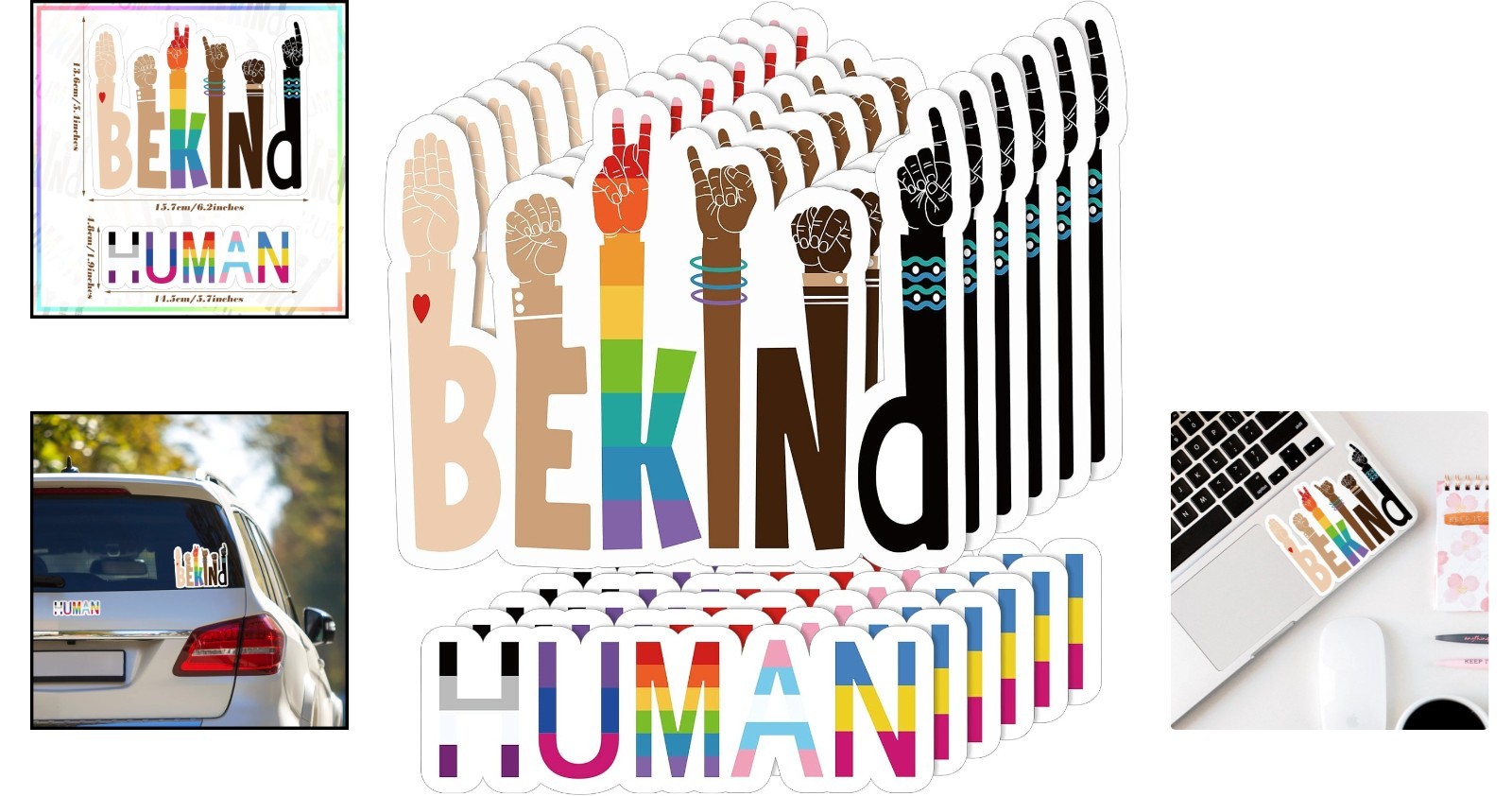 Colorful Be Kind & Human Stickers – 12 Durable Decals for Outdoor and Indoor Use