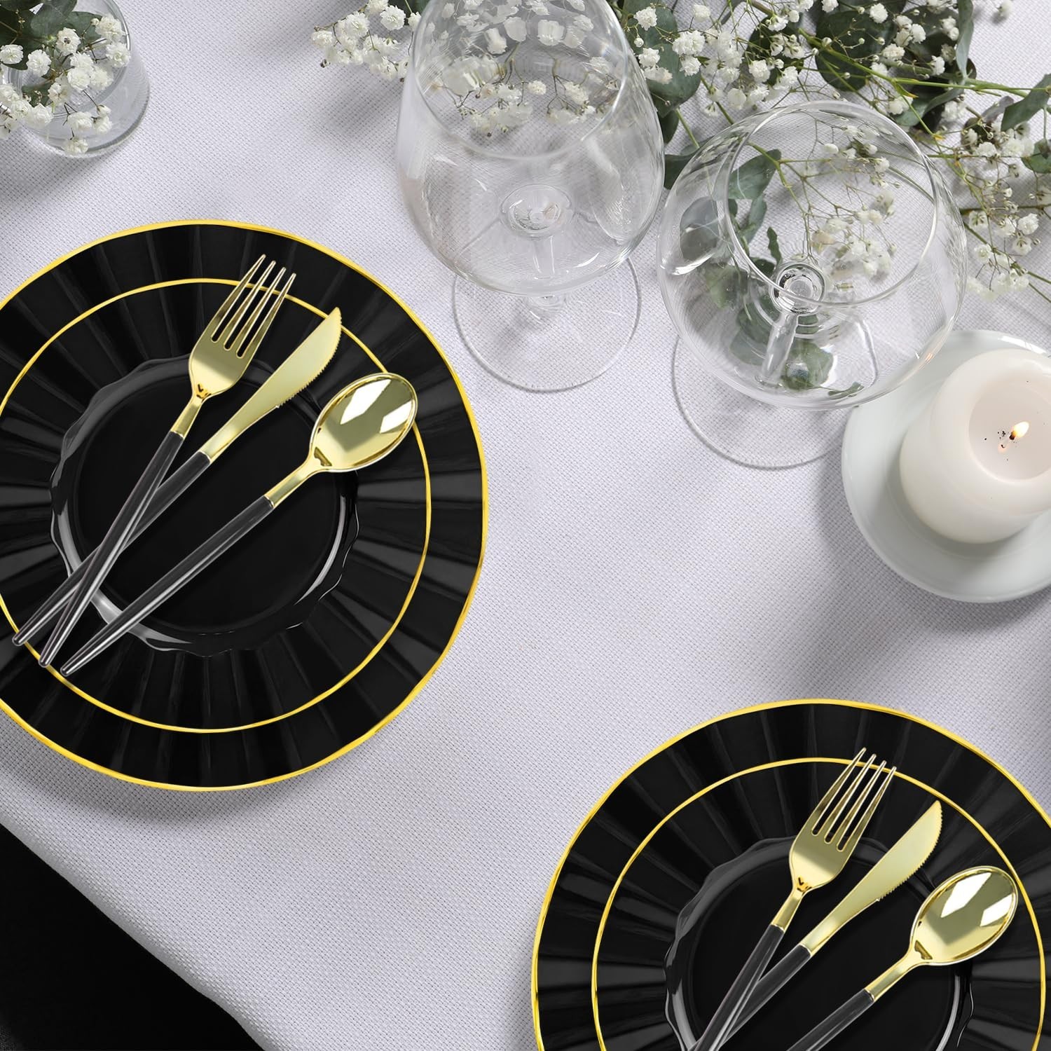 150Pcs Plastic Plates with Gold Rim,Heavy Duty Black Plates for 30 Guests,Pla…
