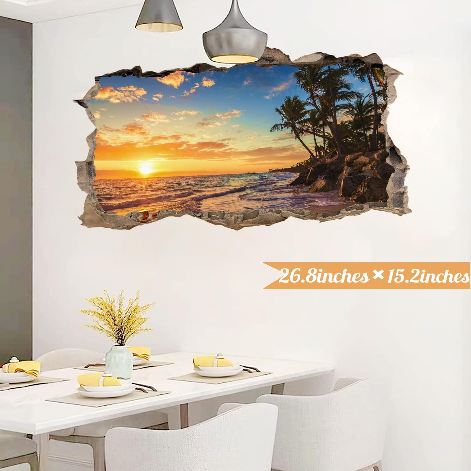 3D Sunset Beach Wall Decals, Peel and Stick Art Murals, Palm Tree Stickers