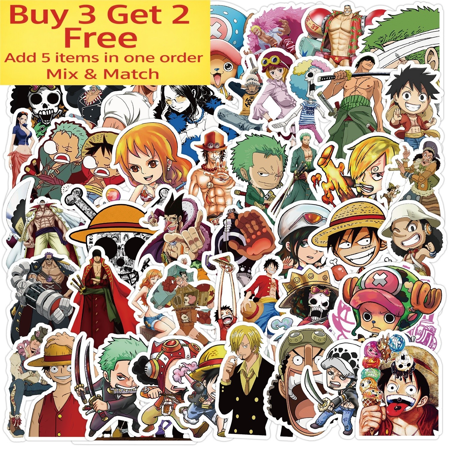 50pcs Waterproof Vinyl Stickers One Piece Anime Luggage Phone Laptop Fridge