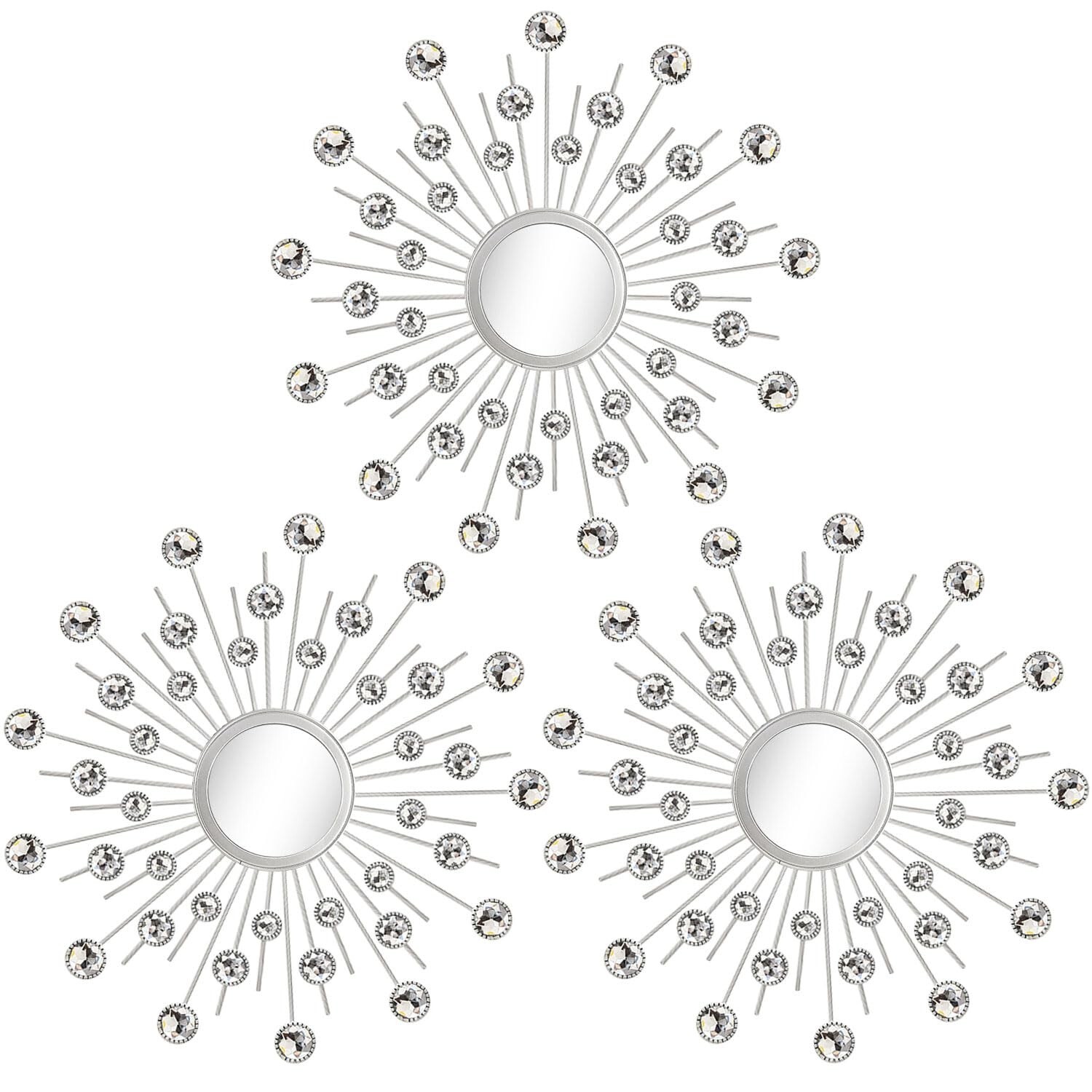 Uaussi 3 Pack Crystal Sunburst Wall Mirror Décor Rhinestone Mirrors Decorat