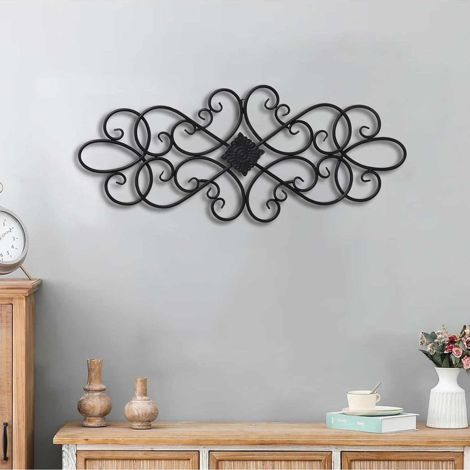 Farmhouse Black Wrought Iron Wall Art 32" – Distressed Scroll Metal Decor Plaque